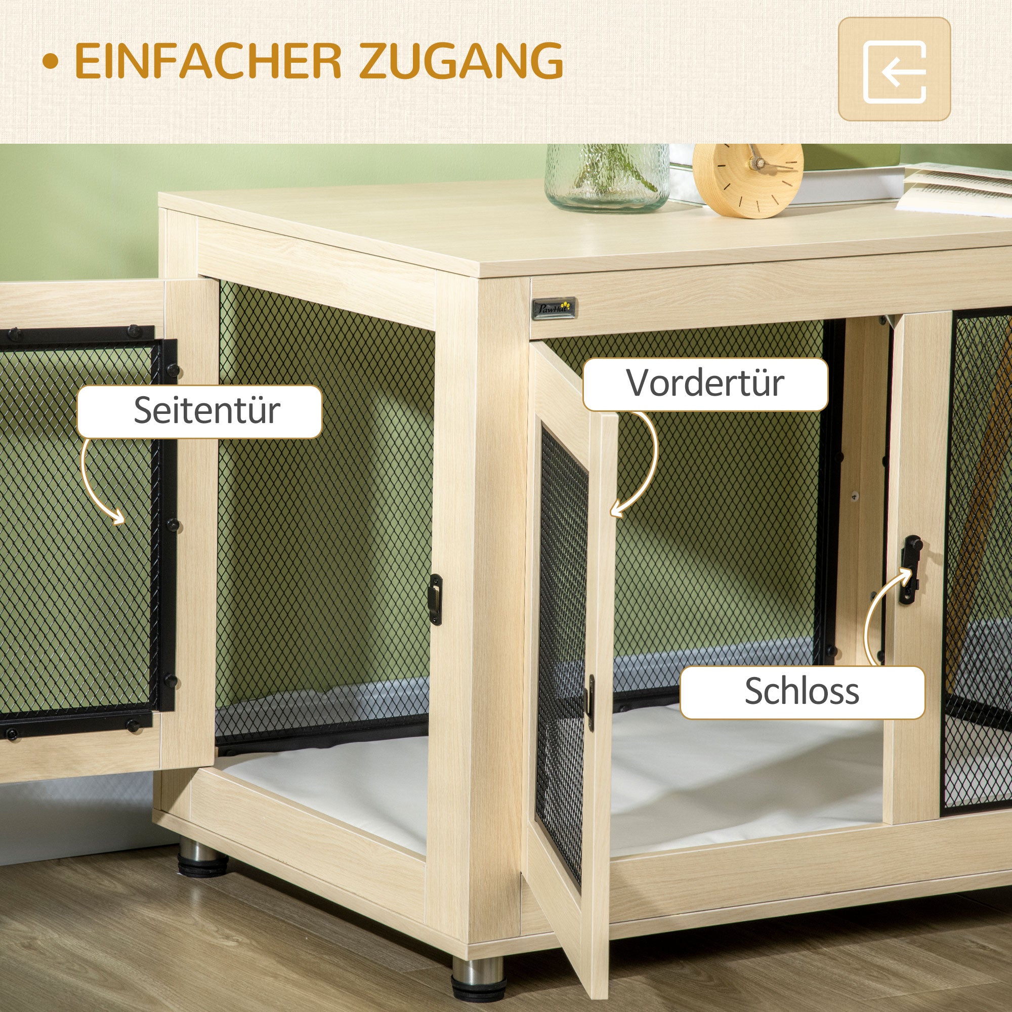 PawHut Hundebox Hundekäfig, Modernes Design, verriegelbar, 2 Türen, 94 cm x 60 cm x 71,5 cm, Natur + Schwarz