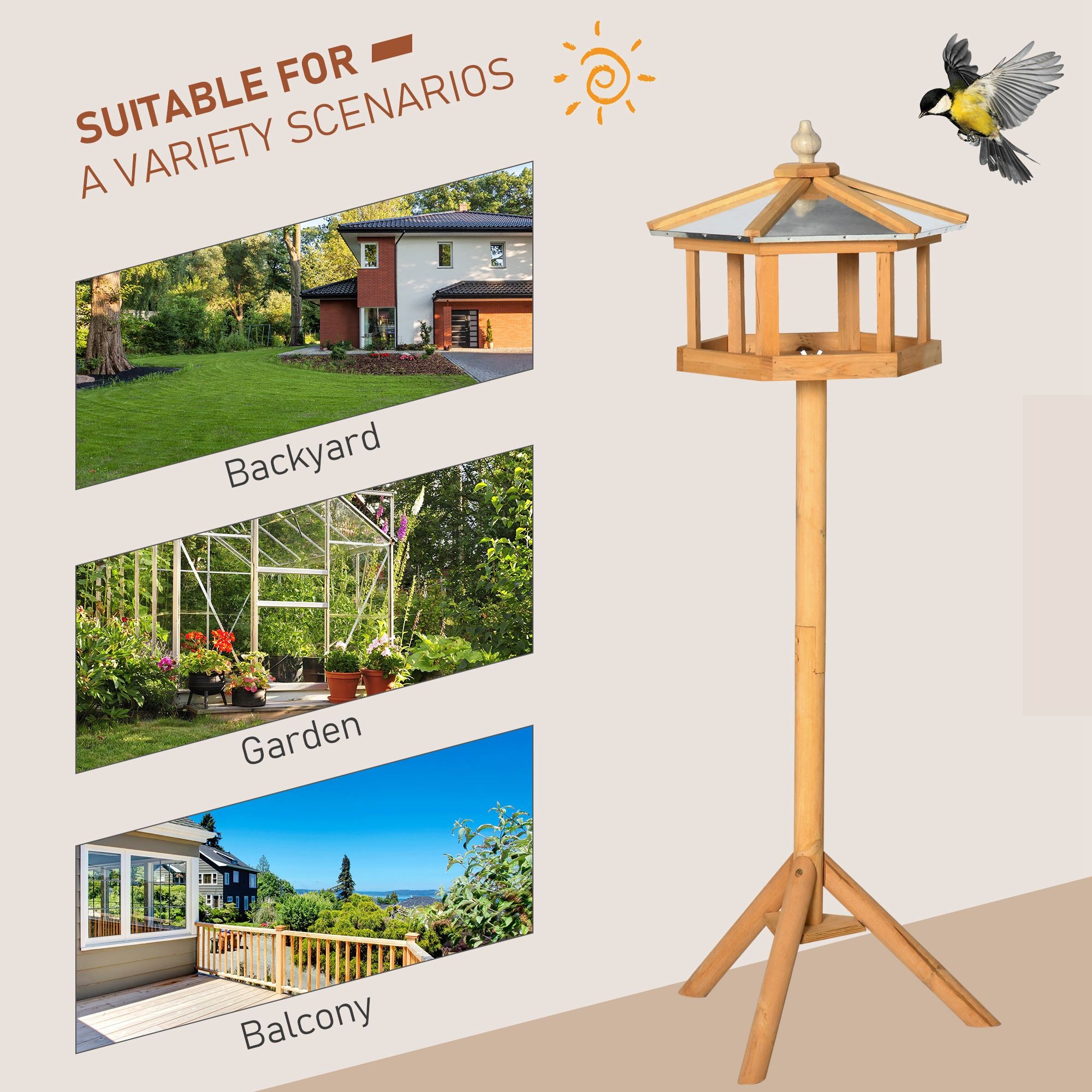 PawHut Vogelhaus mit Ständer wetterfestes Vogelfutterhaus mit wetterfestem Zinkdach Futterhaus aus Holz für Wildvögel 40 x 40 x 113 cm Gelb