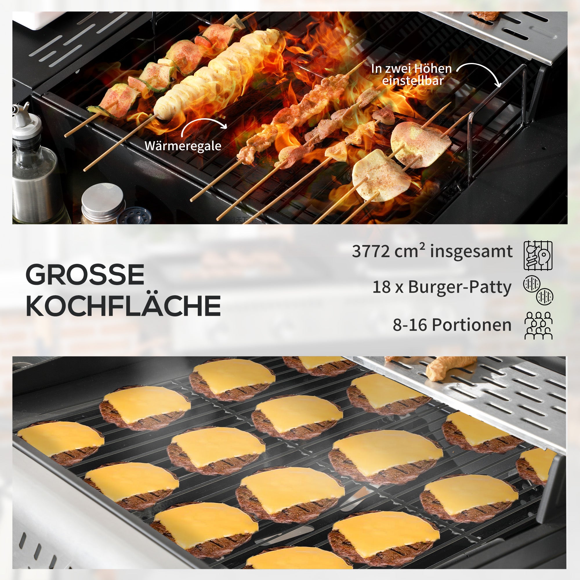 Outsunny Gasgrill BBQ-Grill, inkl. Thermometer, Warmhalteplatten, 161 x 53 x 101 cm, Schwarz + Silber