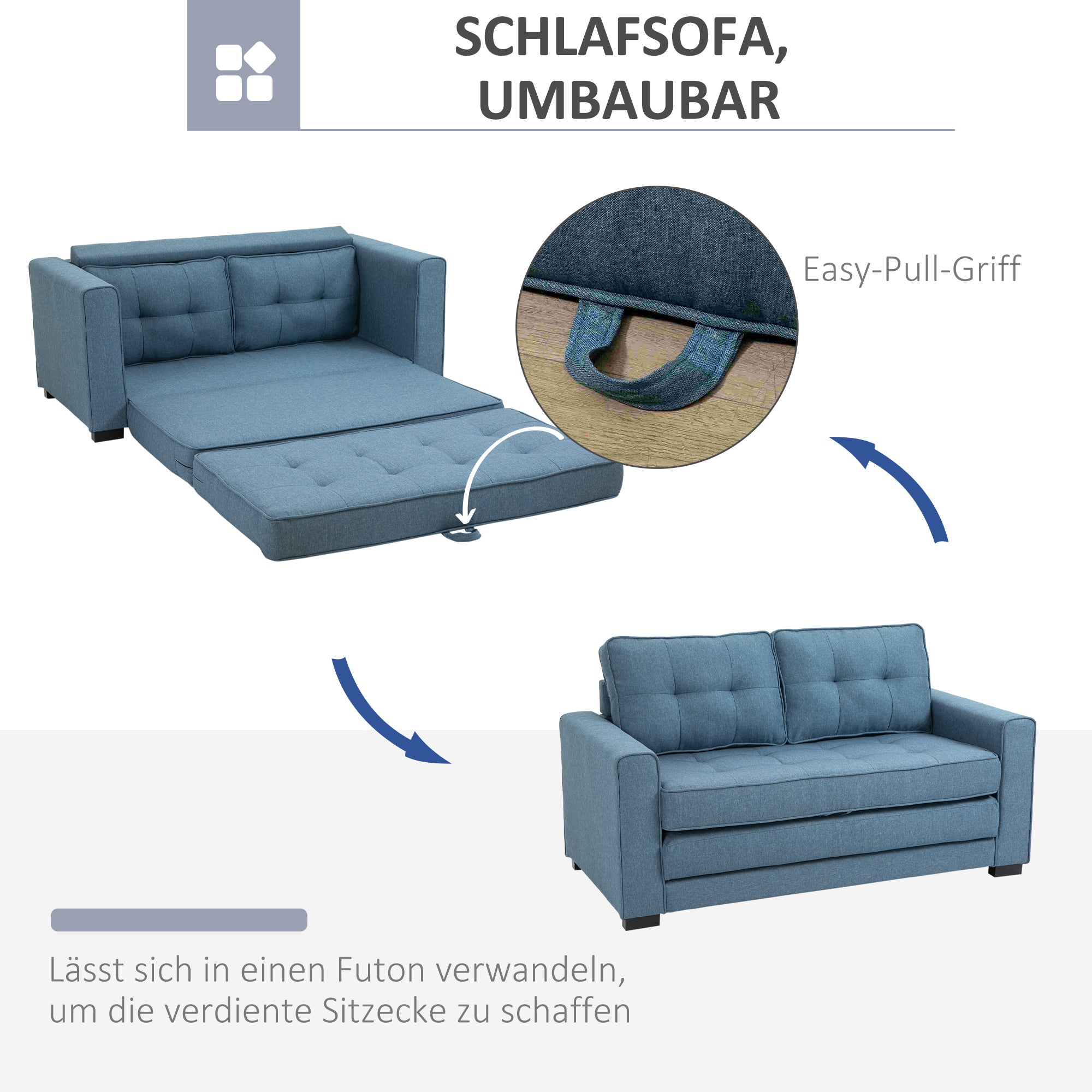 HOMCOM Schlafsofa Klappsofa 2-Sitzer Stoffsofa Bettsofa Sofa mit Schlaffunktion Sofagarnitur Leinen-Touch Gummiholz Blau 147,5 x 75 x 85 cm
