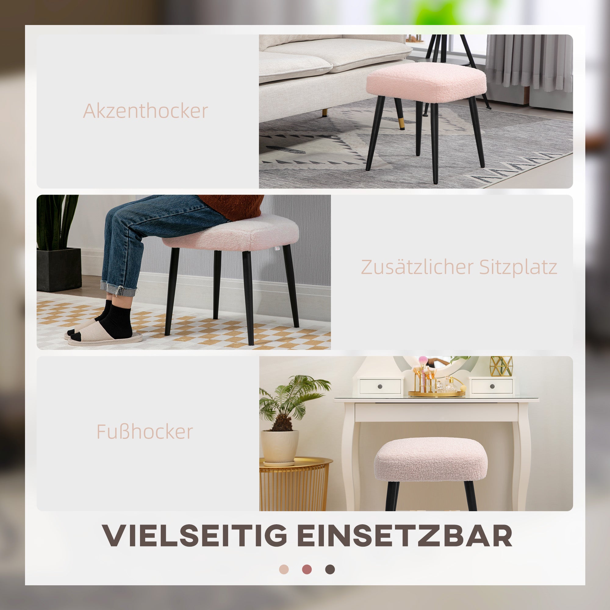 HOMCOM Hocker, Fußstütze, gepolsterter Sitz, Kaschmir-Optik, Stahlbeine, 42 x 42 x 47 cm, Rosa