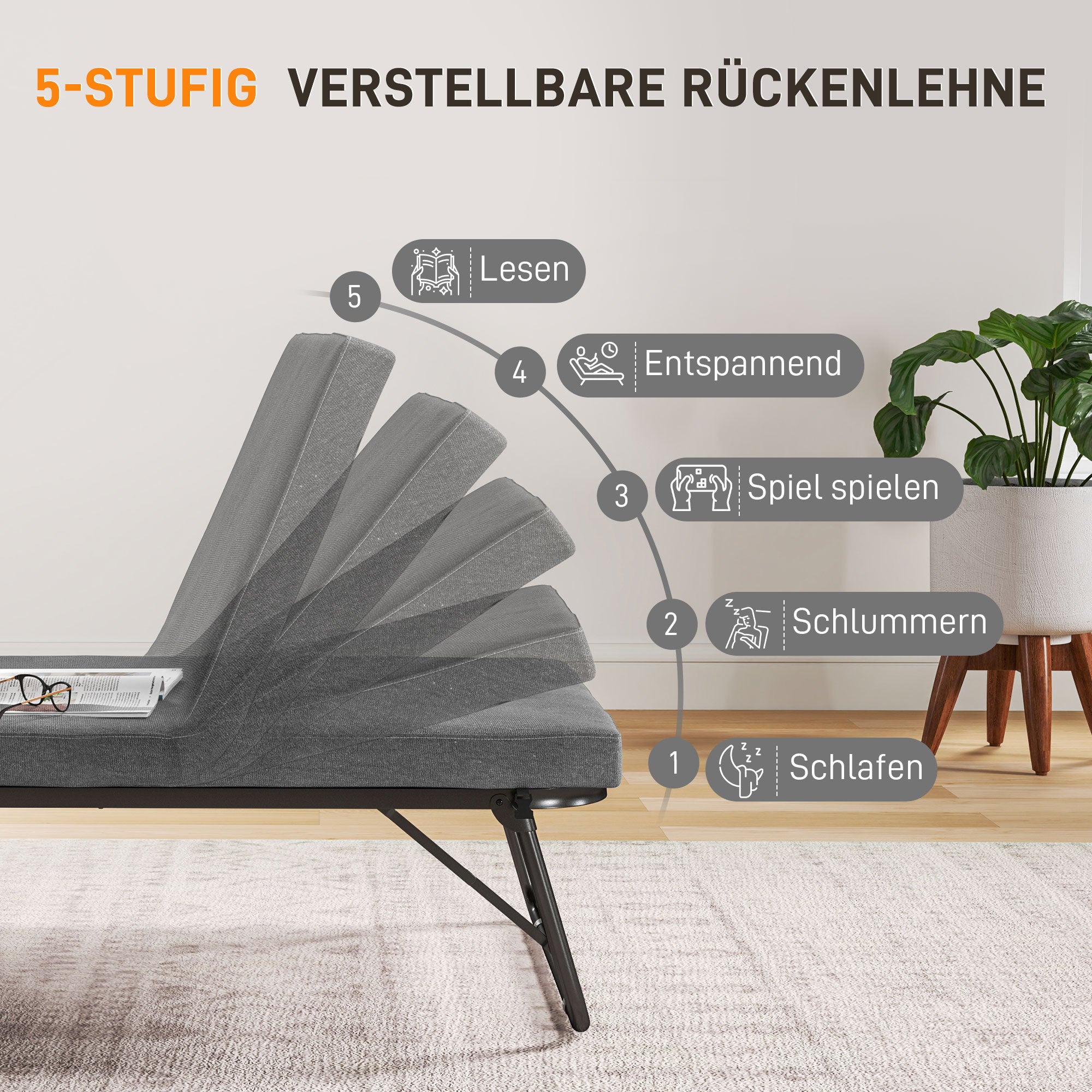 HOMCOM Klappbett, 70 x 190 cm Gästebett, mit 7 cm Schaumstoff-Matratze, verstellbare Rückenlehne, mit Rollen, Dunkelgrau