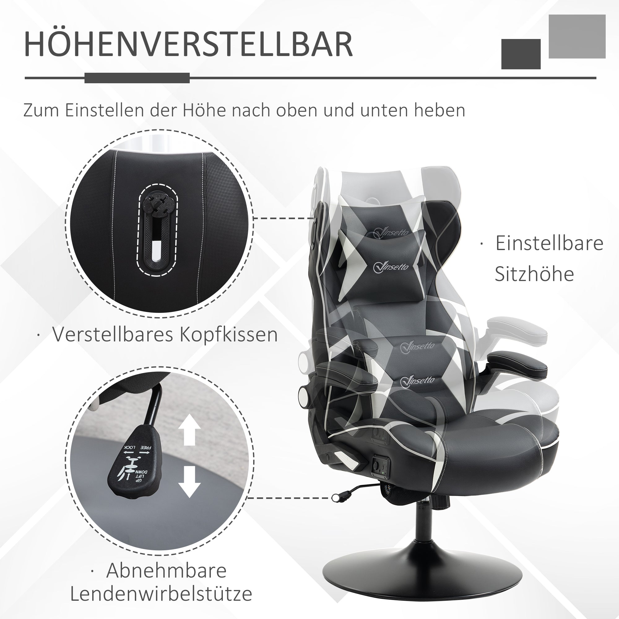 Vinsetto Gamingsessel, Gamingstuhl, integrierte Lautsprecher, neigbare Rücklehne, schwarz+weiß, 69 x 73 x 118cm