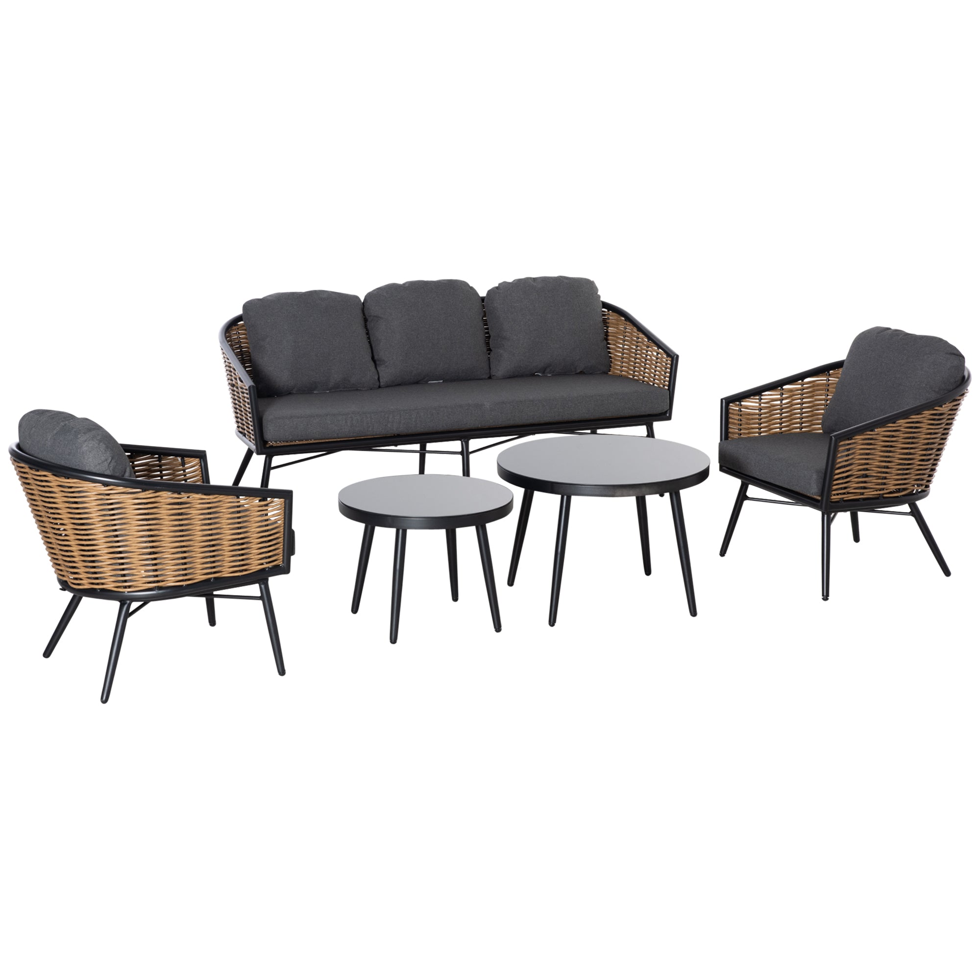 Outsunny Polyrattan Gartenmöbelset 5-tlg. Outdoor Sofa mit 2 Tischen Aluminium