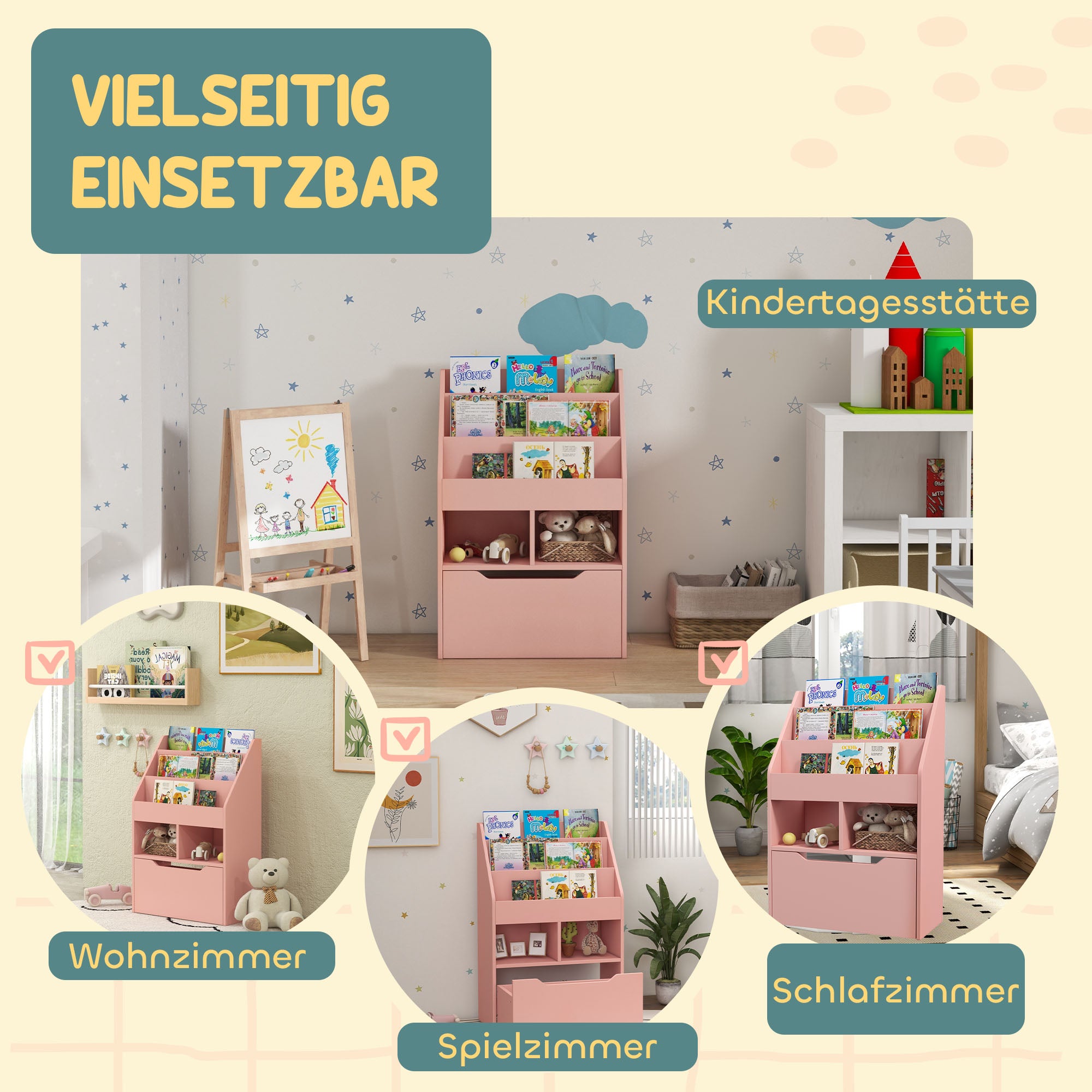 HOMCOM Kinderregal mit Schublade, Bücherregal mit Fächern, 60 x 29,9 x 90 cm, Rosa