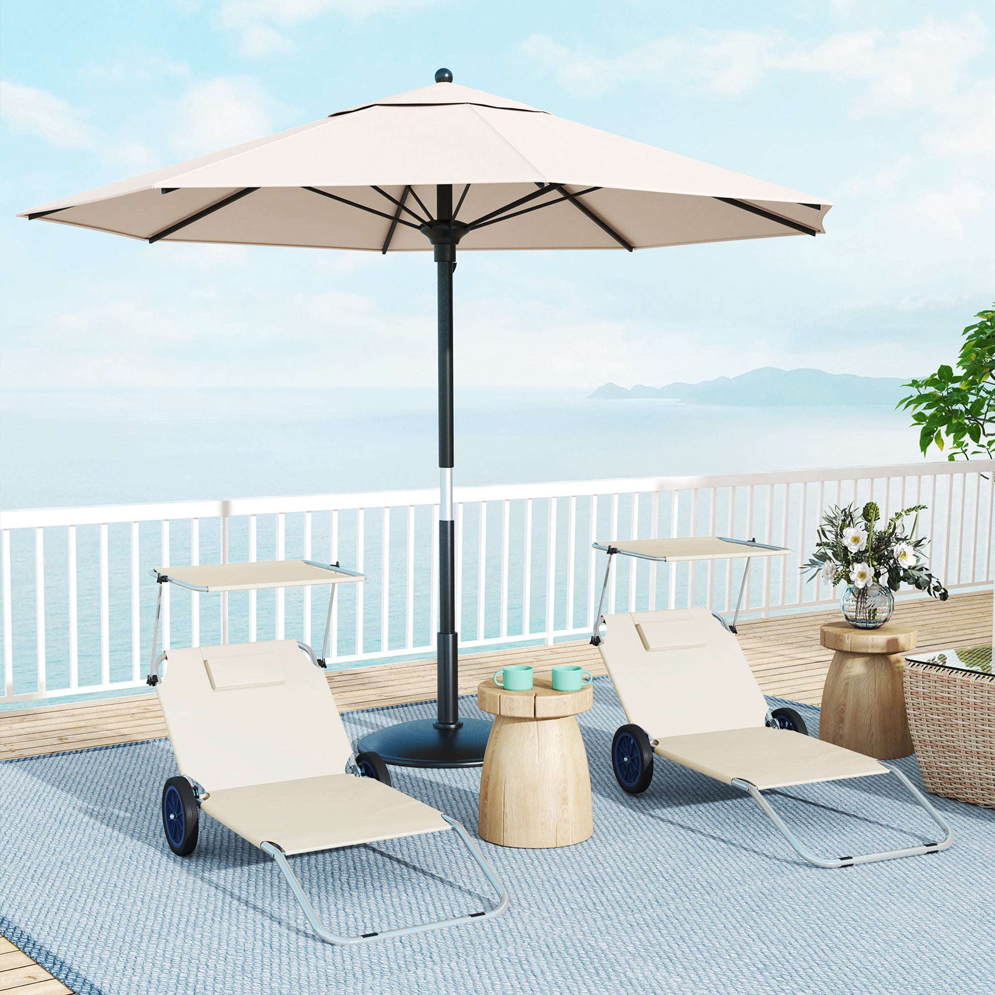 Outsunny Sonnenliege klappbar Gartenliege mit Kopfkissen Dach, Rolle Liegestuhl mit verstellbare Rückenlehne Beige
