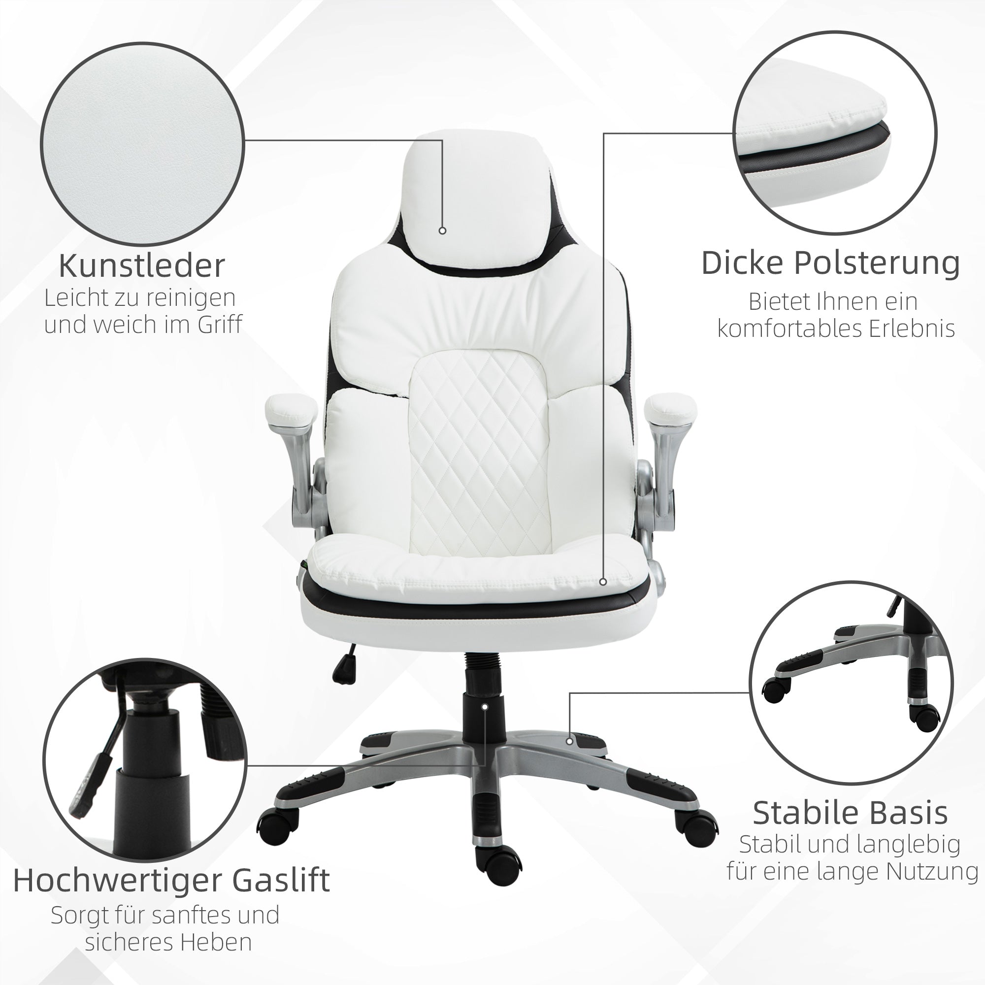 Vinsetto Ergonomischer Bürostuhl mit klappbare Armlehnen, Höhenverstellbarer Schreibtischstuhl mit Wippfunktion, dick gepolsterter Stuhl mit verstellbare gepolsterte Armlehne 69 x 67 x 113-121 cm