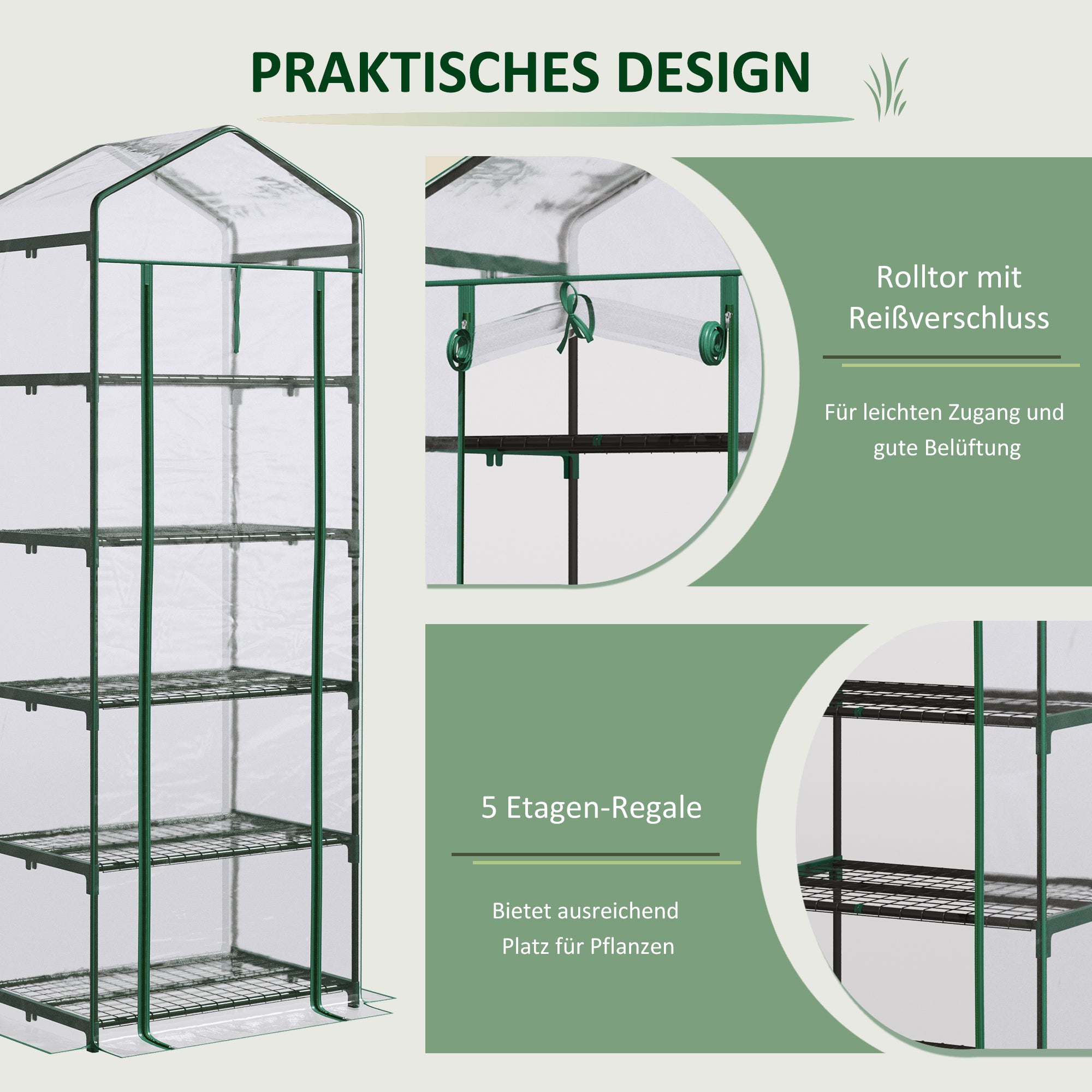 Outsunny Foliengewächshaus Mini-Gewächshaus mit 5 Regale für Blumen oder Gemüse Aufzucht Treibhaus Transparent+Grün Stahl Kunststoff 69 x 49 x 193 cm