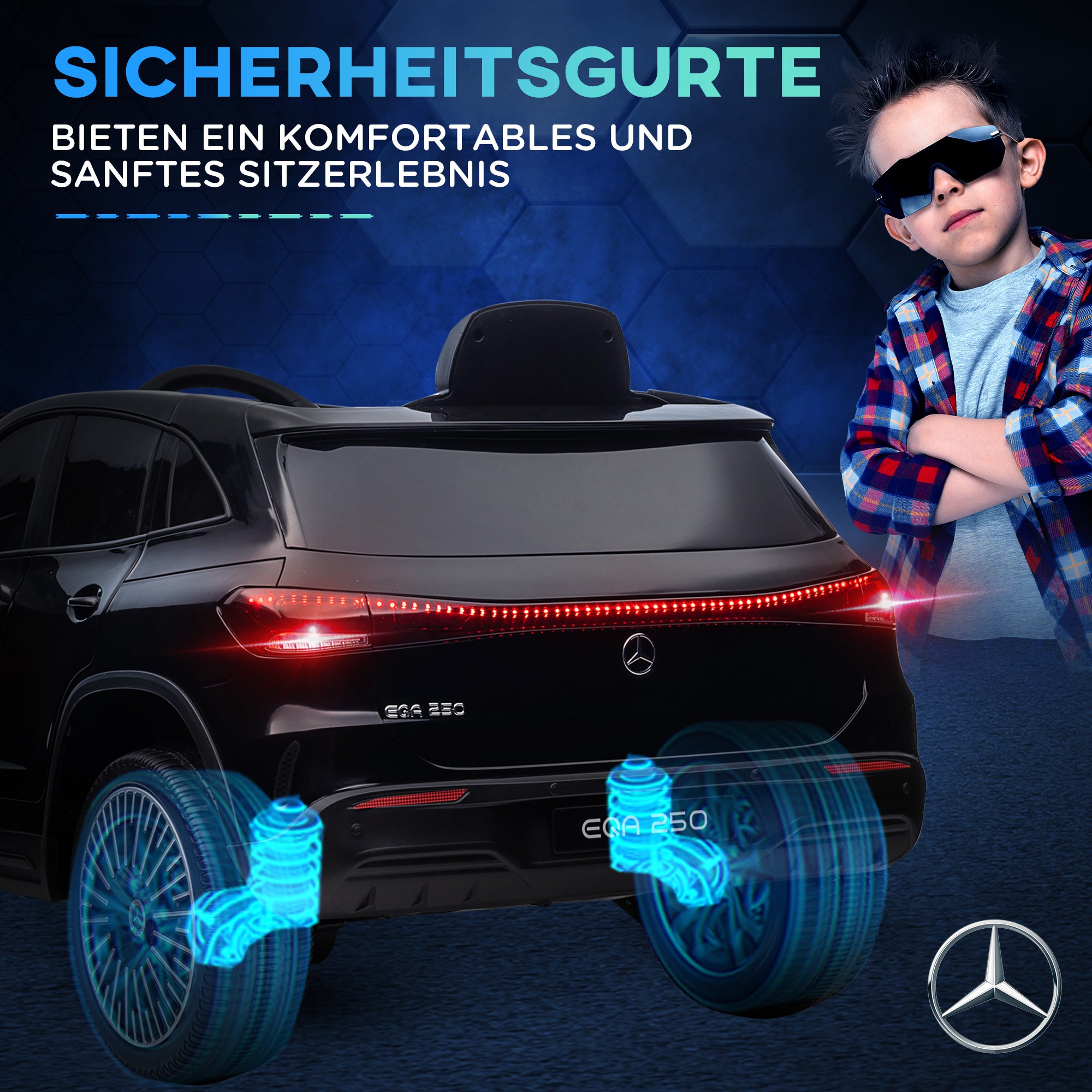 HOMCOM Elektro Kinderauto, lizenzierter Mercedes-Benz EQA, 3-8 km/h, Musik, Scheinwerfer, Hupe, Fernsteuerung, schwarz