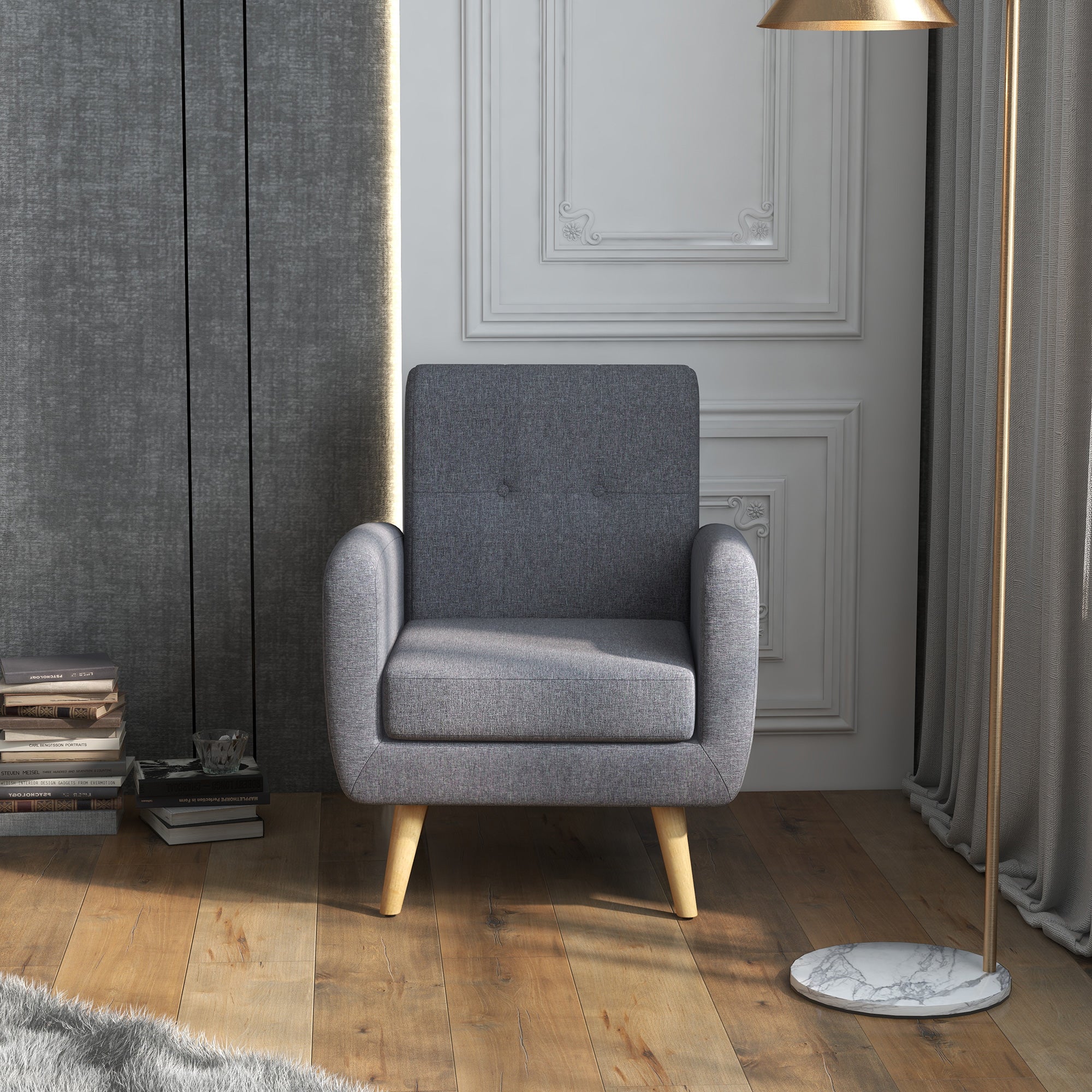 HOMCOM Sessel im Skandi-Design, Akzentsessel, Knopfheftung, Natur + Hellgrau