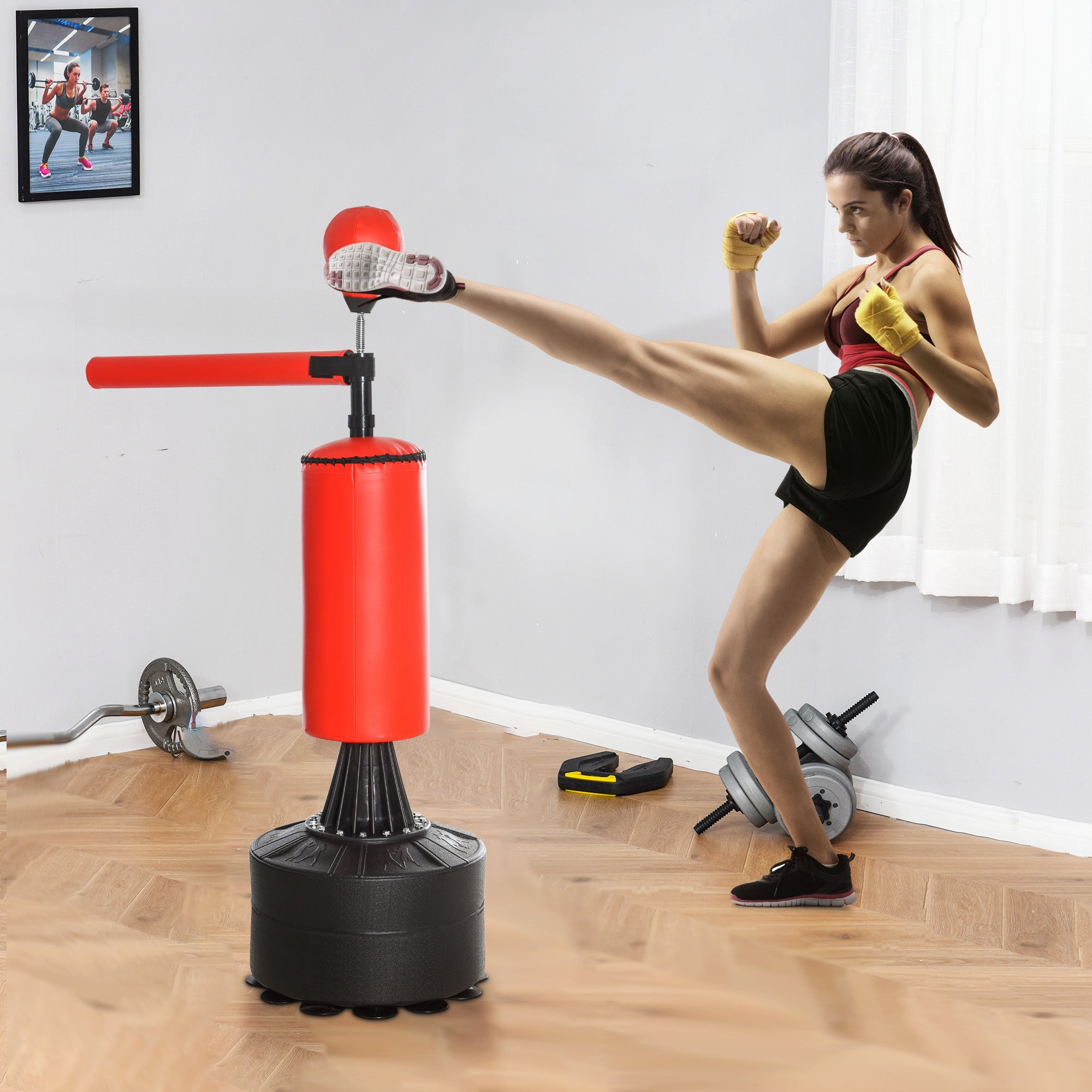 HOMCOM Standboxsack Boxtrainingsgerät mit Reflexball, 360°-Drehstange, Saugfuß, Sand/Wasser befüllbar, Stehend Boxassistent mit Handschuhe, Luftpumpe Training Boxsack 88 x 48 x 155-205 cm