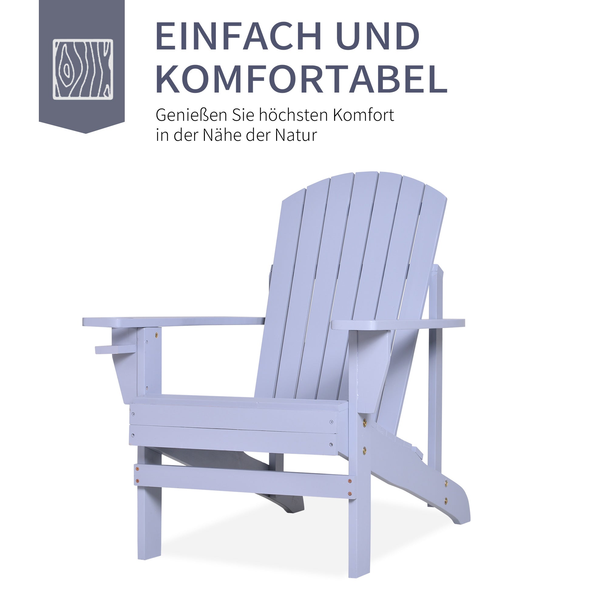 Outsunny Adirondack-Gartenstuhl mit Becherhalter Gartenliege Balkonstuhl Massivholz Grau 72,5 x 97 x 93 cm