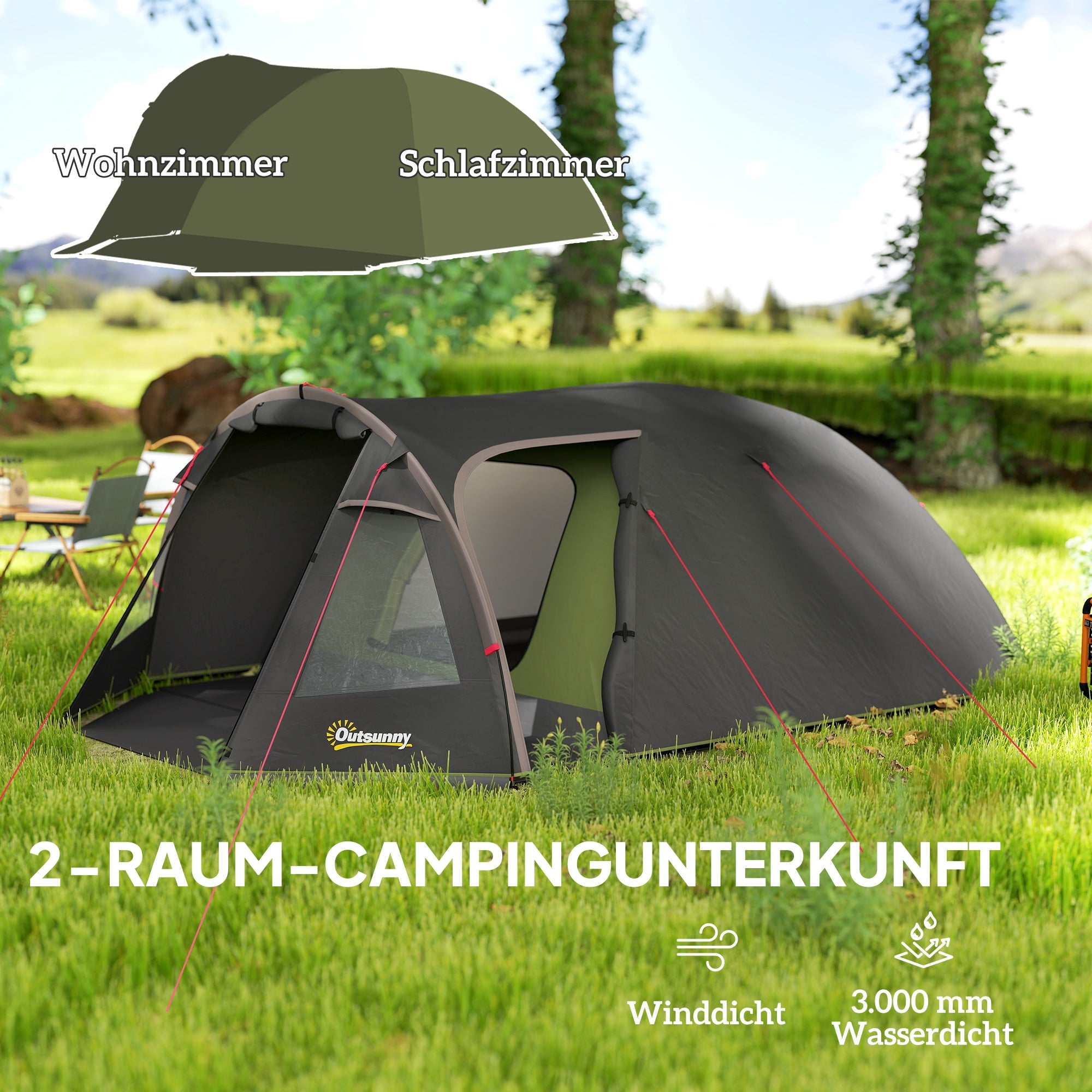 Outsunny Tunnelzelt für 4 Personen leicht, stabil wasserdicht UV 50+ Campingzelt mit Vordach Doppeltür Schwarz