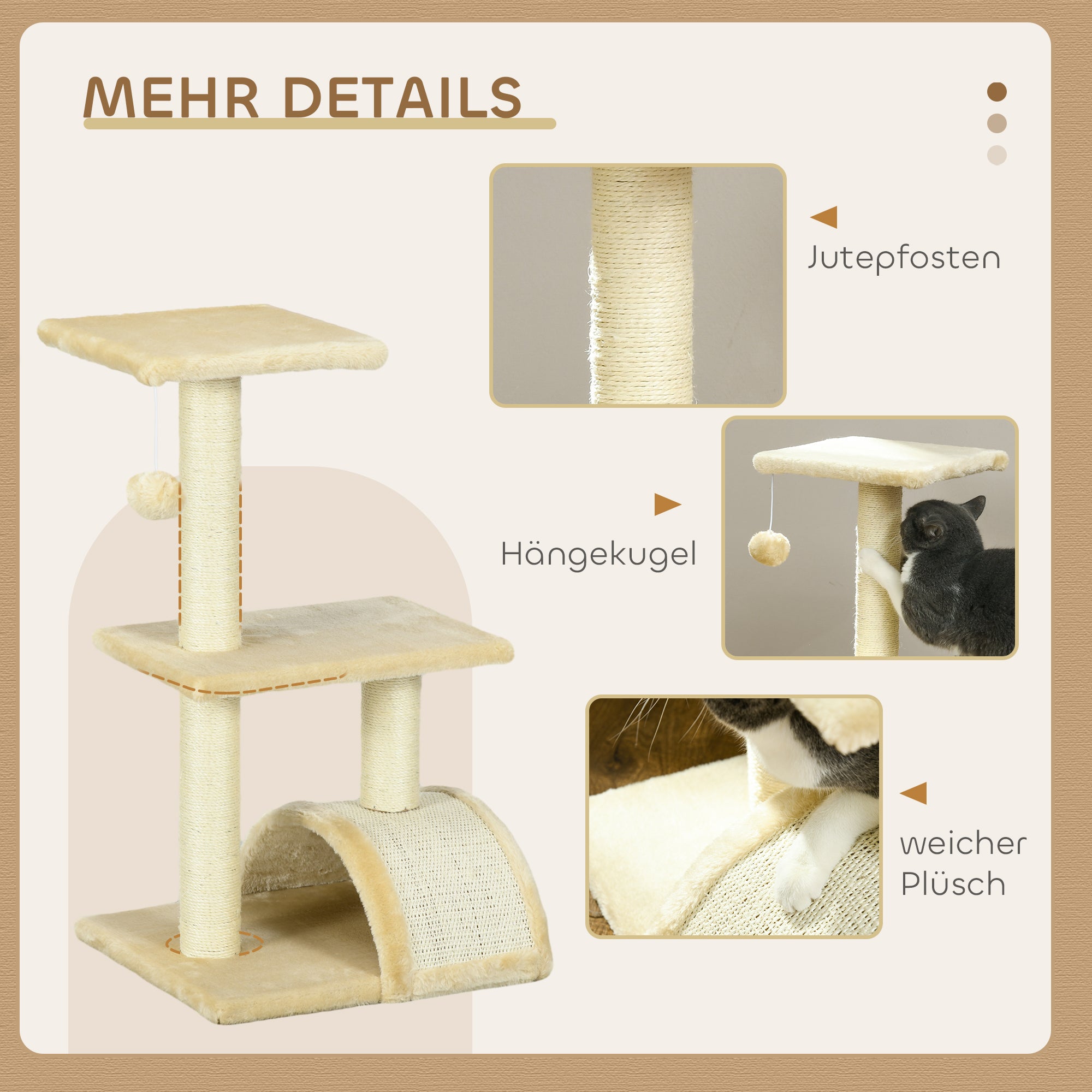 PawHut Kratzbaum 72 cm Katzenturm mit Plüschballen, Sisalstämme, Plattform, Kratzbrett Cremeweiß