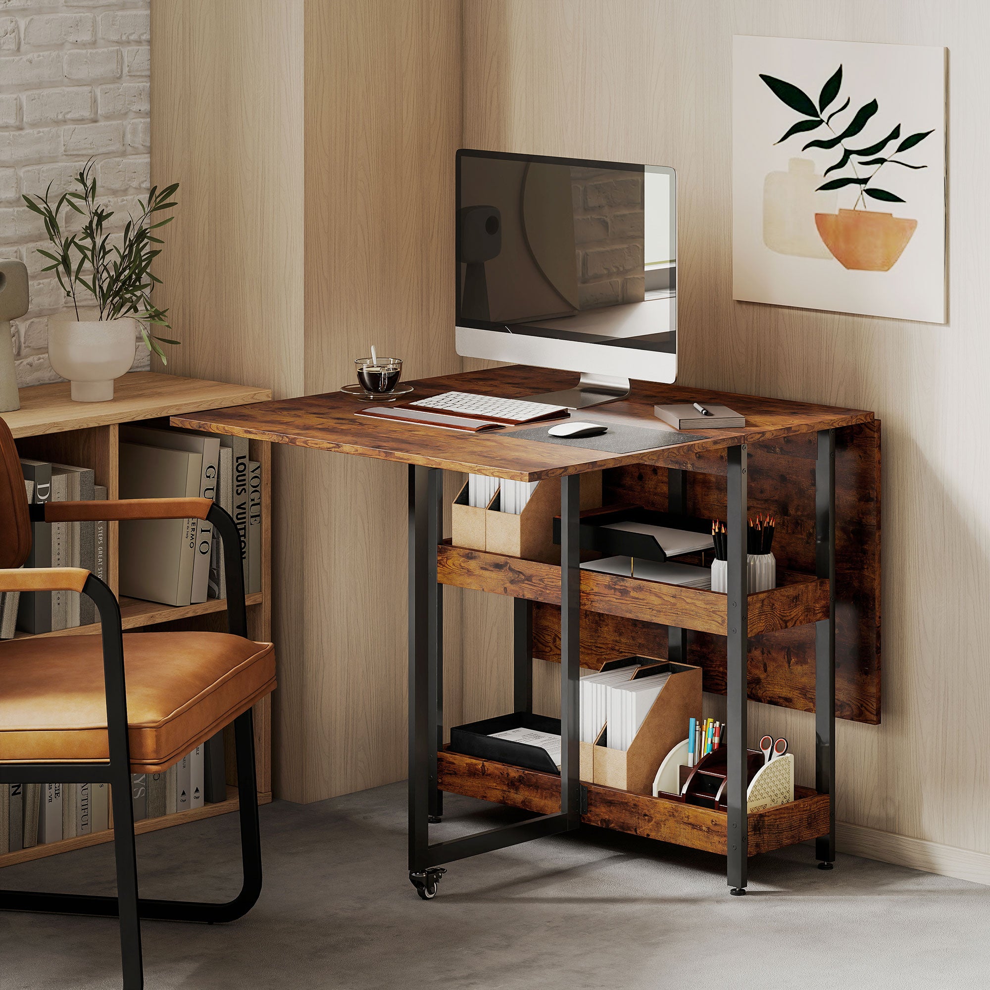 HOMCOM Klappbarer Esstisch im Industriedesign, für bis zu 4 Personen, offene Regale, flexibel, Metall, Spanplatte, Braun