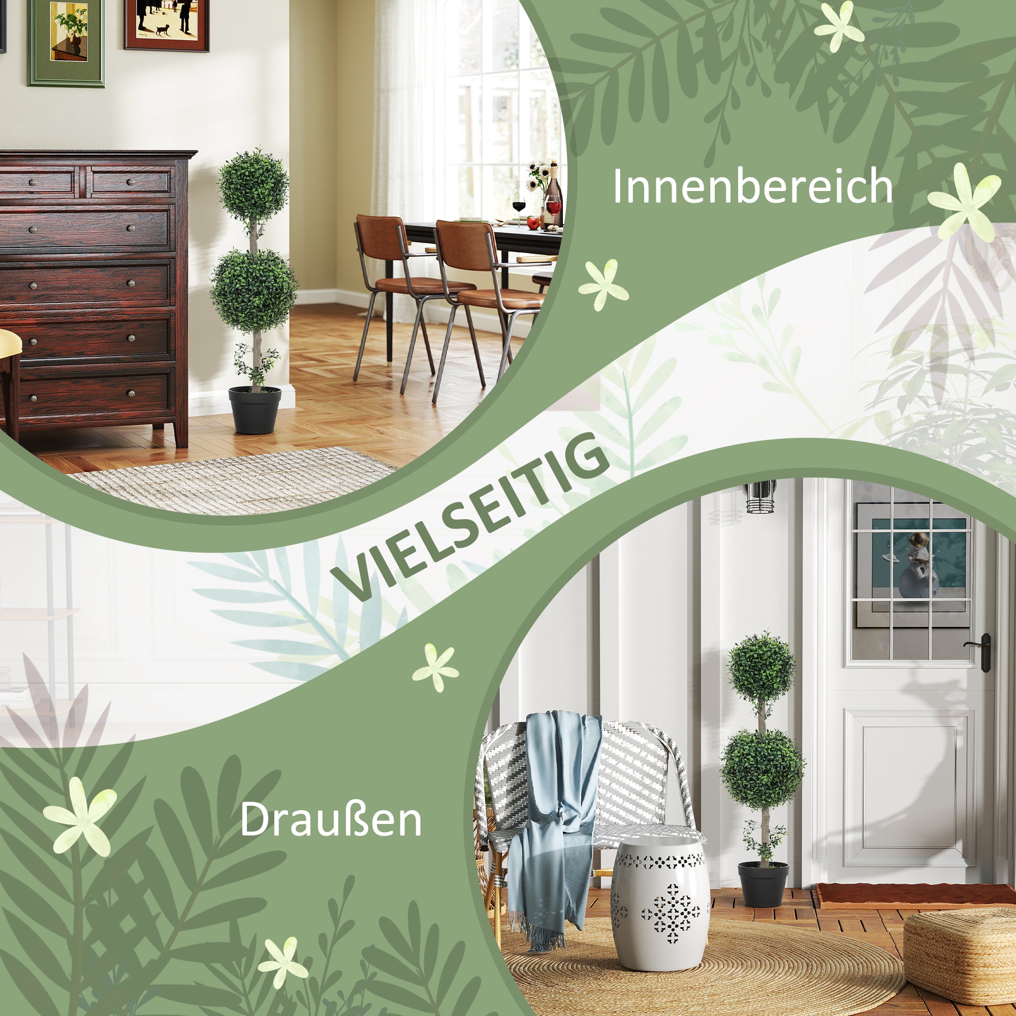 HOMCOM 2er-Set Kunstpflanzen, Künstliche Buchsbaum-Pflanzen, UV-geschützt, mit Topf, Grün