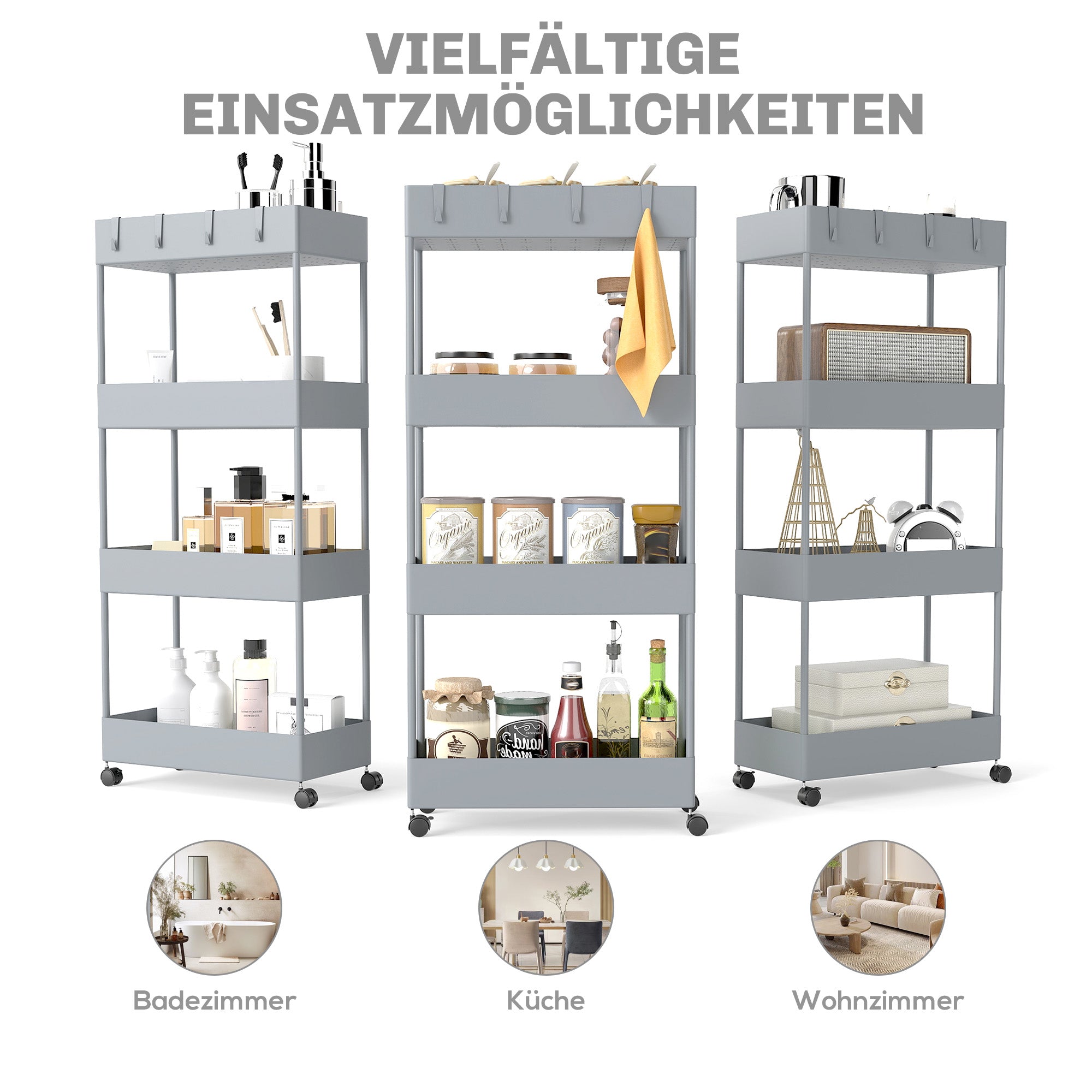 HOMCOM Küchenwagen mit 4 Regalen, 4 flexiblen Haken, 4 Rollen, 40 cm x 19 cm x 90 cm, Nischenwagen, Grau