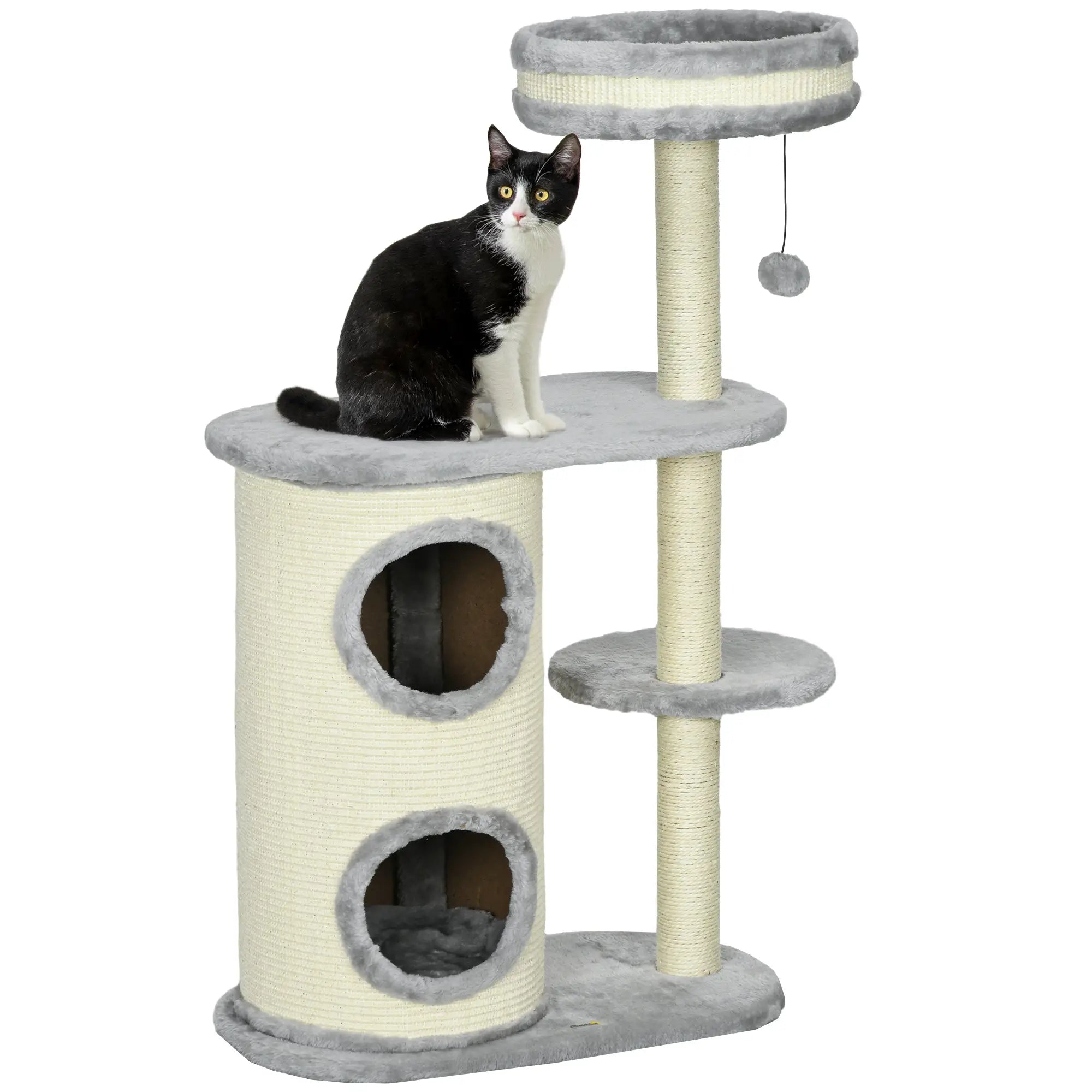 PawHut Kratzbaum für Katzen, Sisal-Seilpfosten, weicher Plüsch, mehrstufig, Ballspielzeug, Grau, 59x35x100 cm