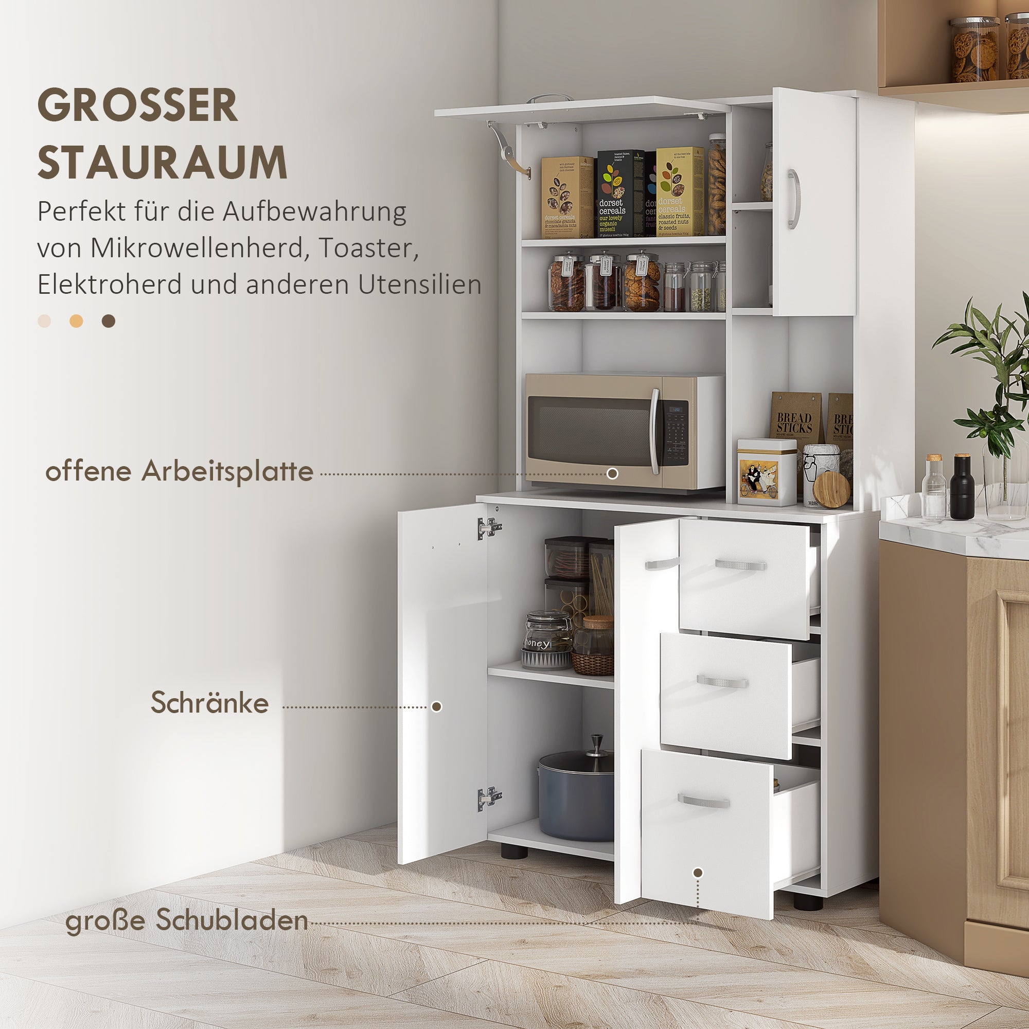 HOMCOM Küchenschrank, Buffet, 3 Schubladen, 3 Regale, viel Stauraum, 89x39,5x168cm, Weiß
