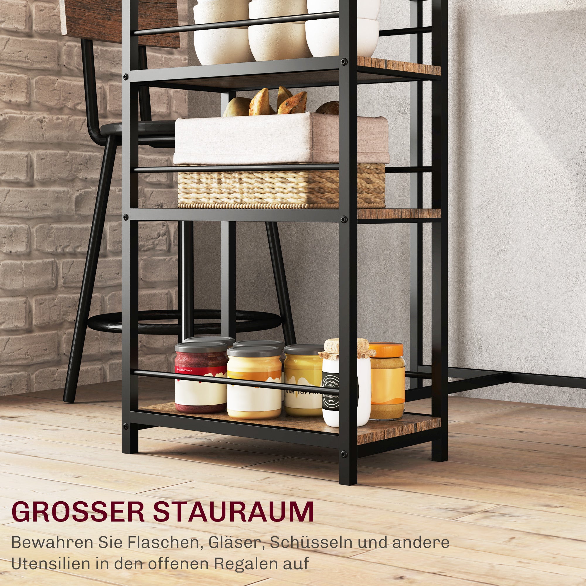 HOMCOM 3-teiliges Ess-Set mit Bartisch und 2 Stühlen, Kleines Küchenset mit seitlichen Regalen, MDF, Metall, Schwarz