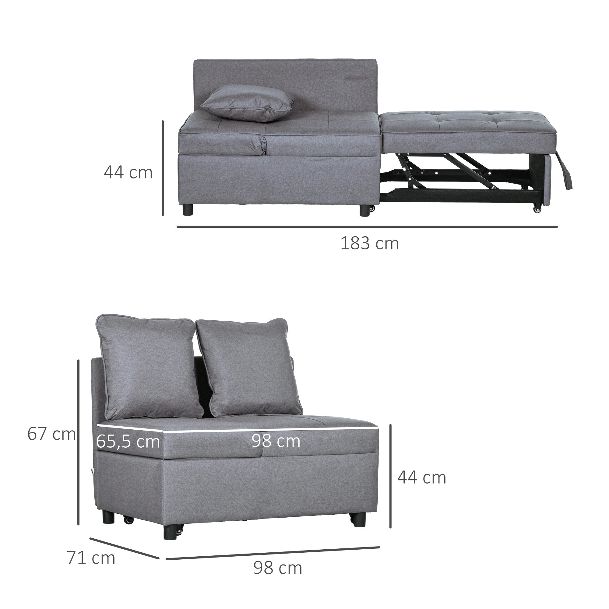 HOMCOM Schlafsessel, 2-Sitzer-Sessel mit Bettfunktion, klappbarer Polstersessel mit 2 Kissen, Bezug in Leinenoptik, Dunkelgrau
