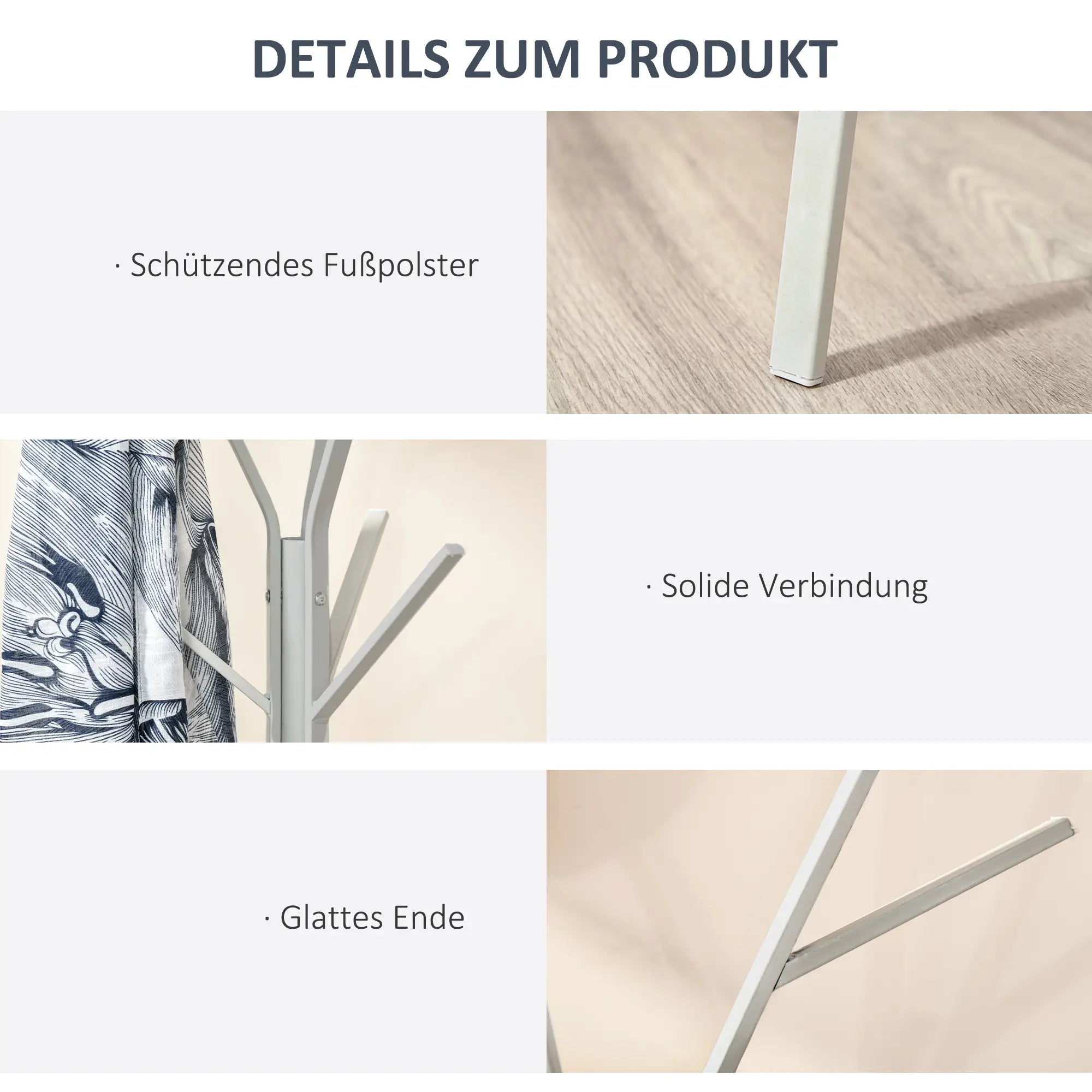 HOMCOM Garderobenständer, Kleiderständer mit 8 Haken, Garderobe mit Ablage, Standgarderob für Kleidung, Hüte, Taschen, Metall, Weiß, 45 x 45 x 180 cm