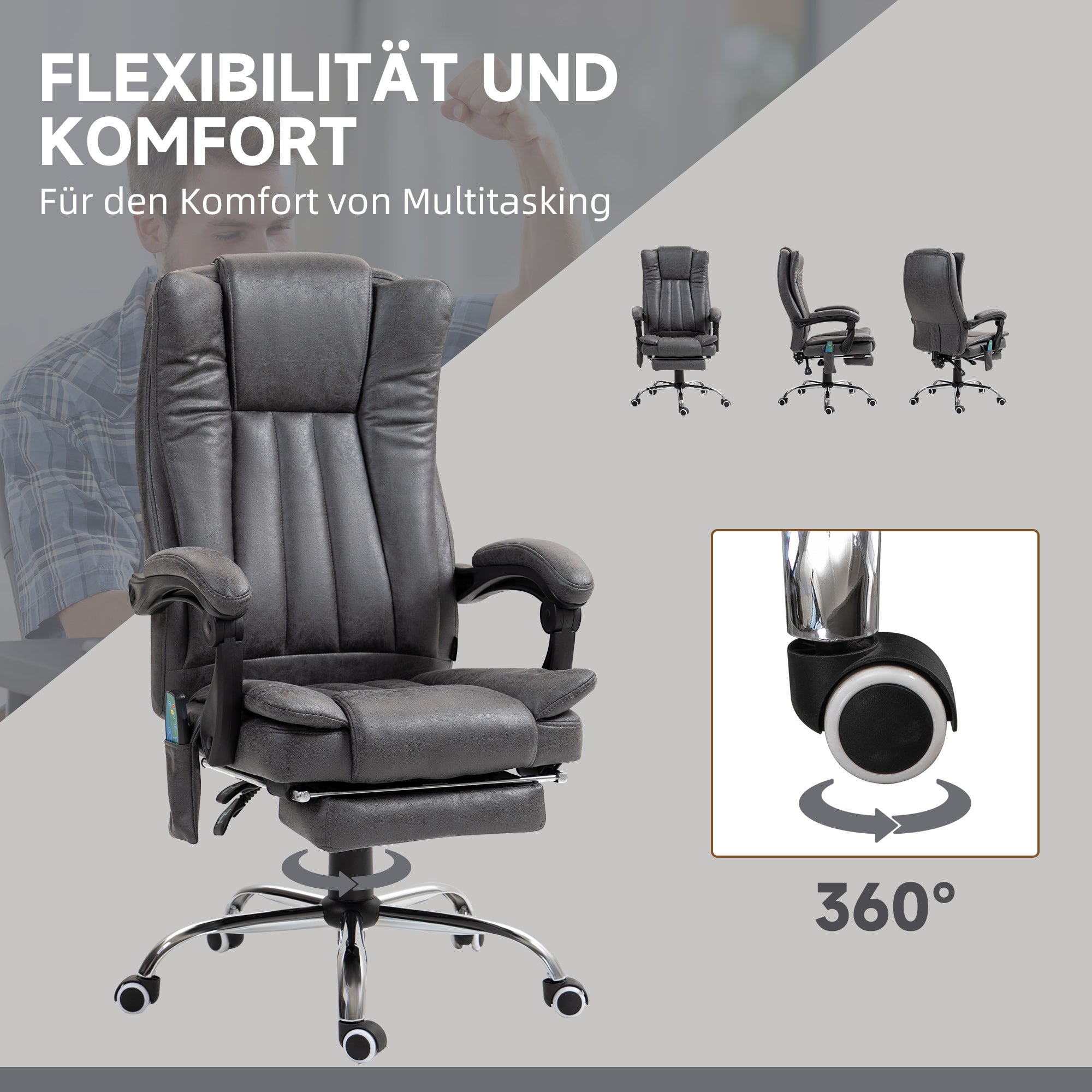 Vinsetto Chefsessel mit Massage- und Wärmefunktion, Fußstütze, verstellbar, bis 120kg, Grau