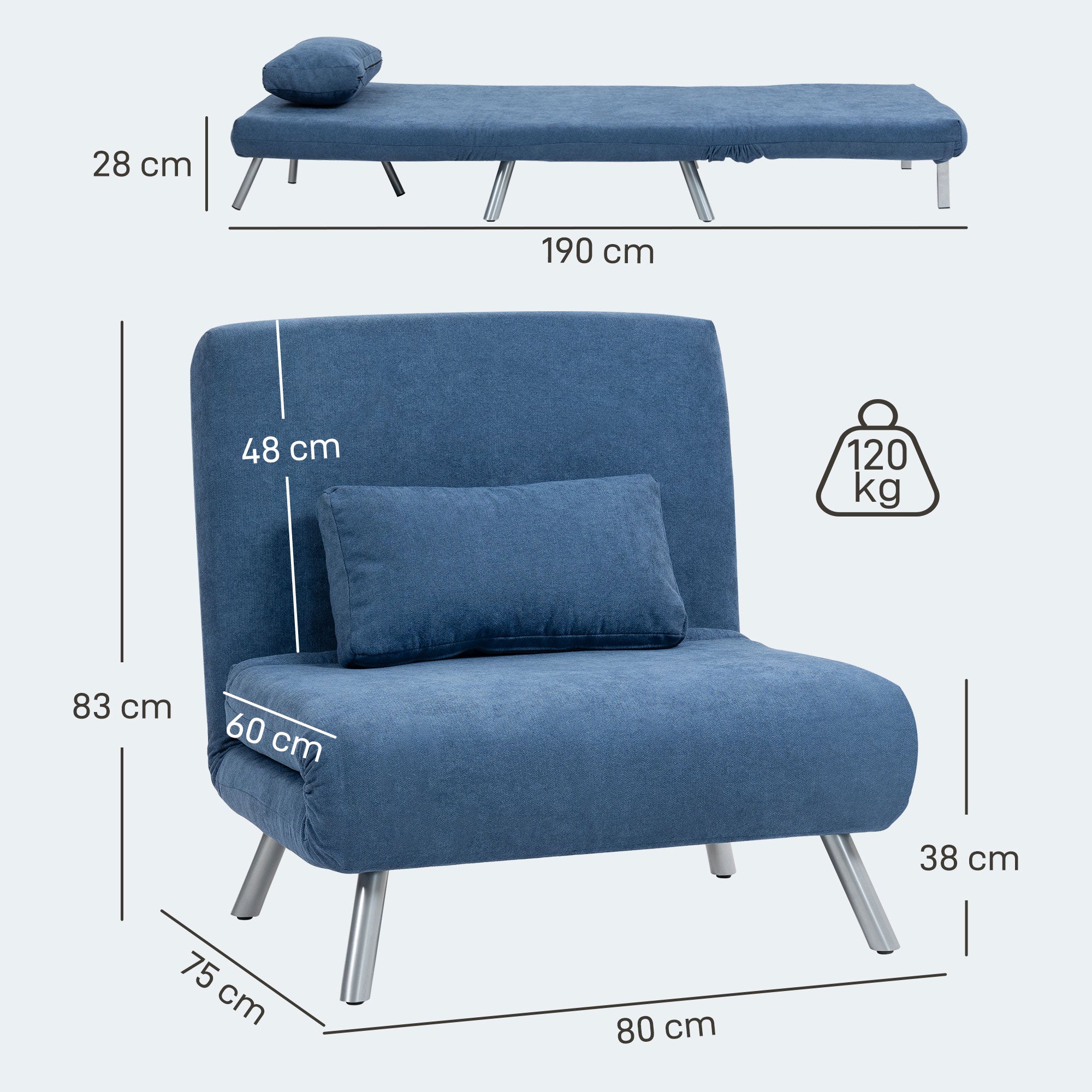 HOMCOM Polstersessel mit Bettfunktion, 2-in-1 Design, Schlafsessel, Gästebett, Stoffbezug, mit Kissen, Blau