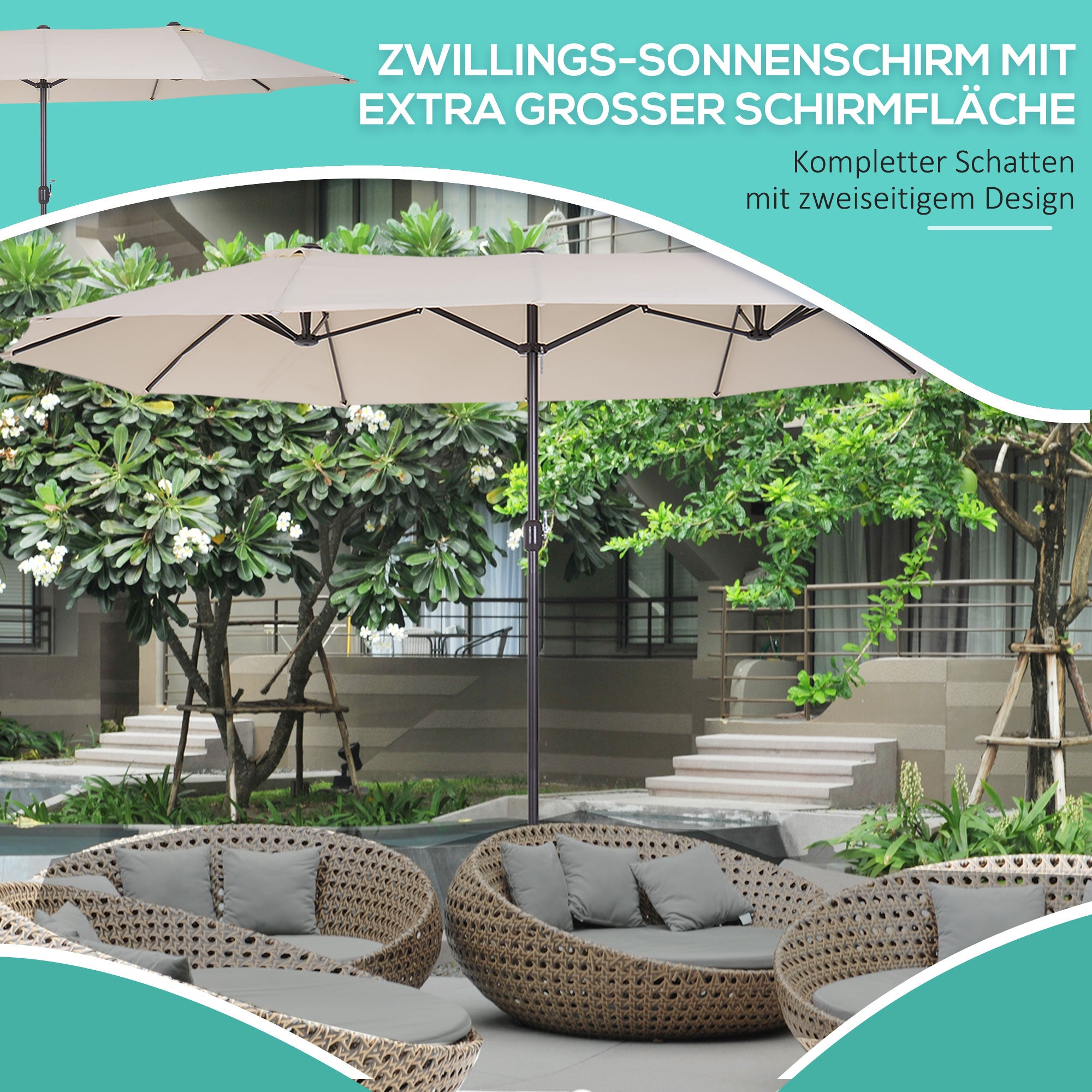 Outsunny XXL Sonnenschirm mit Handkurbel wetterbeständig 455 cm x 270 cm x 240 cm Stahl Polyester Beige
