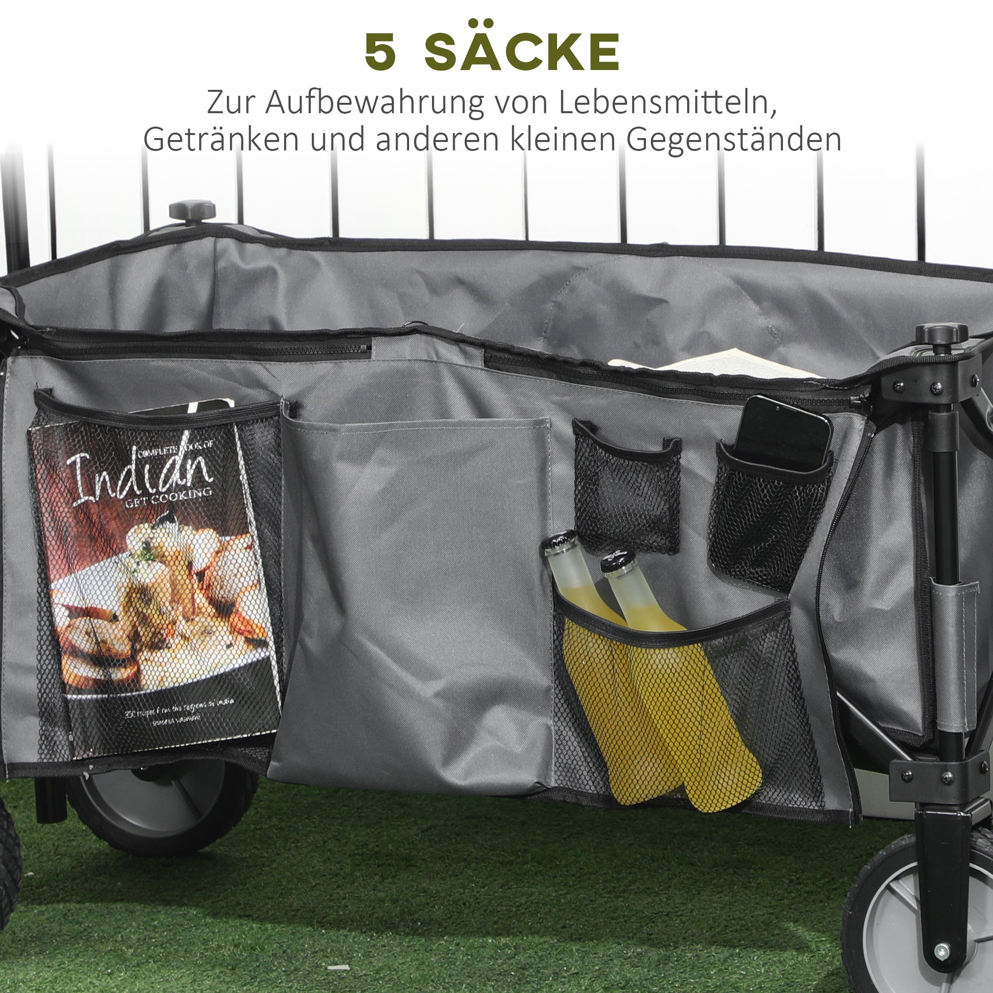 Outsunny Bollerwagen, klappbar, 5 Seitentaschen, verstellbarer Griff, bis 120 kg, Stahl, dunkelgrau, 100 x 55 x 93 cm