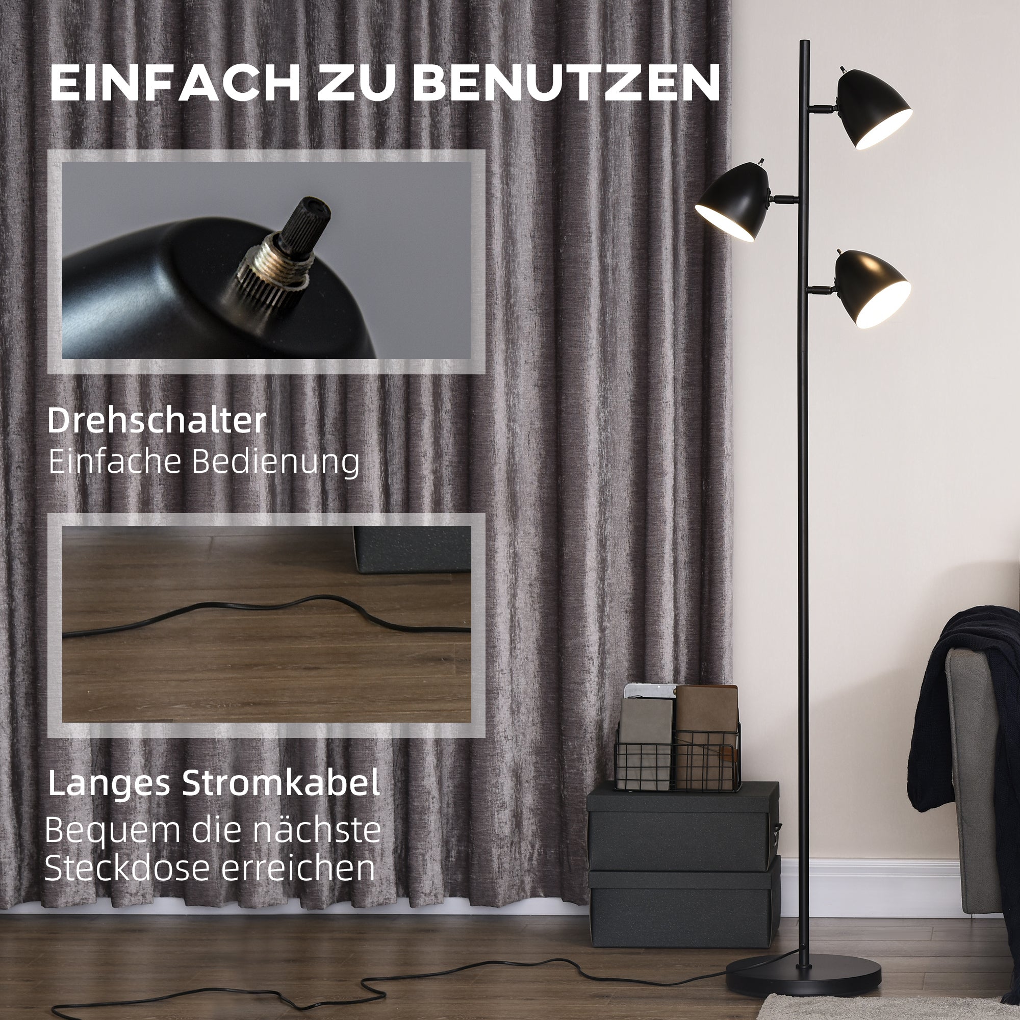 HOMCOM Stehlampe, Bodenlampe, 3 einstellbare Schirme, Metall, Schwarz