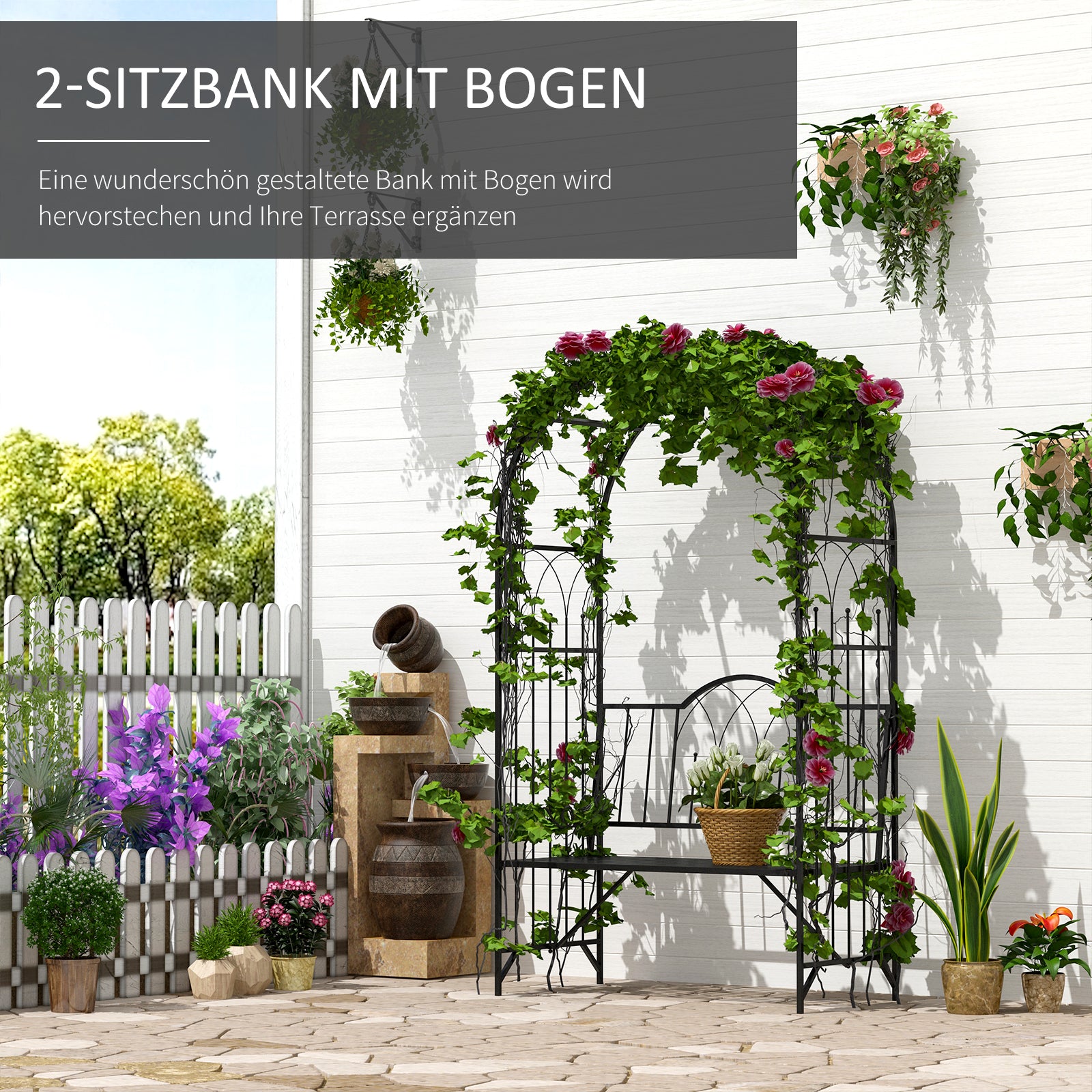 Outsunny Rosenbogen mit Bank Rosenbank Laubenbank Philosophenbank Rankgitter Rankhilfe Gartenbank Metall Schwarz 115 x 59 x 203 cm