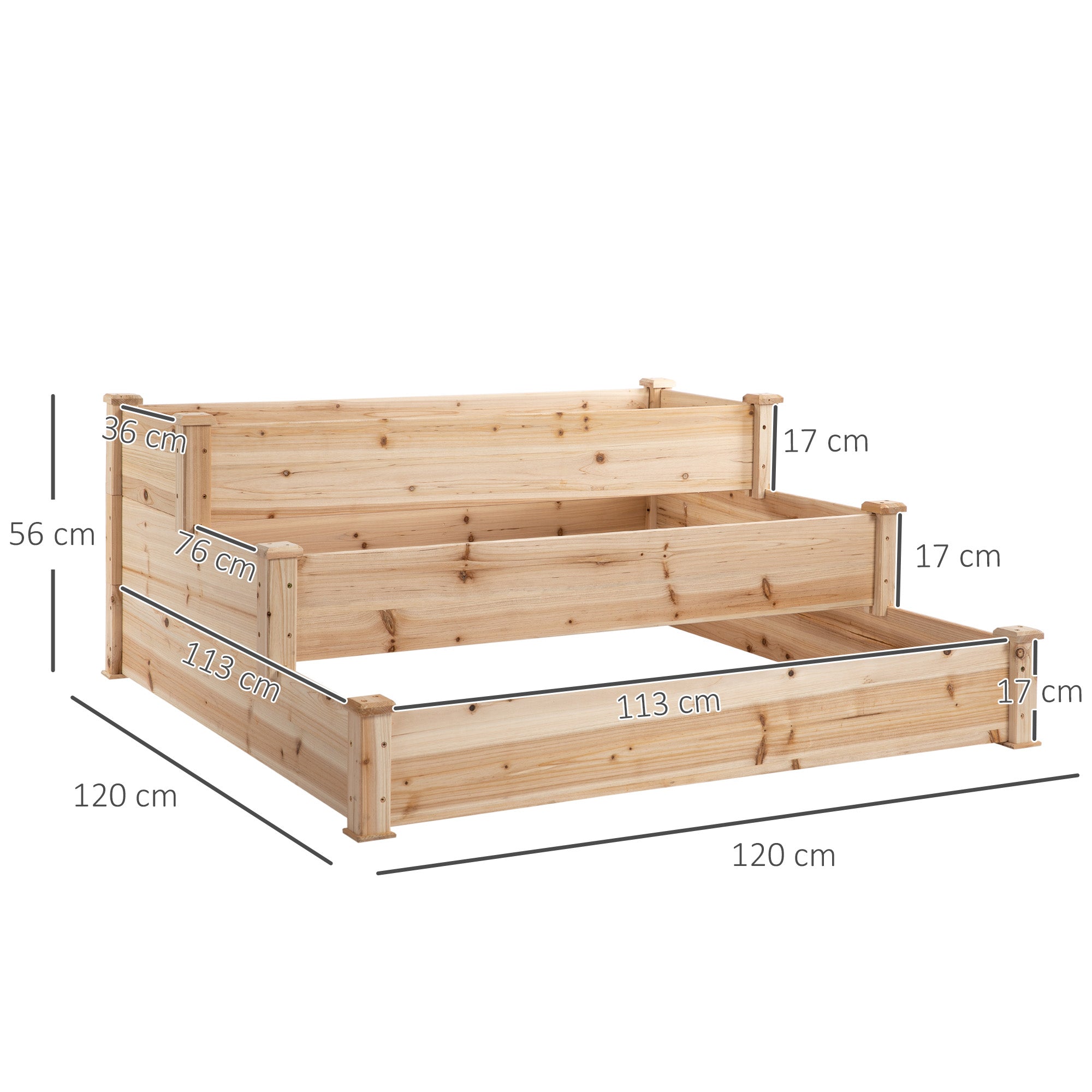 Outsunny Hochbeet 3-stufige Gartenbeet Pflanzenbeet  Kräuterbeet Blumentreppe für Balkon Garten Natur Tannenholz 120 x 120 x 56 cm