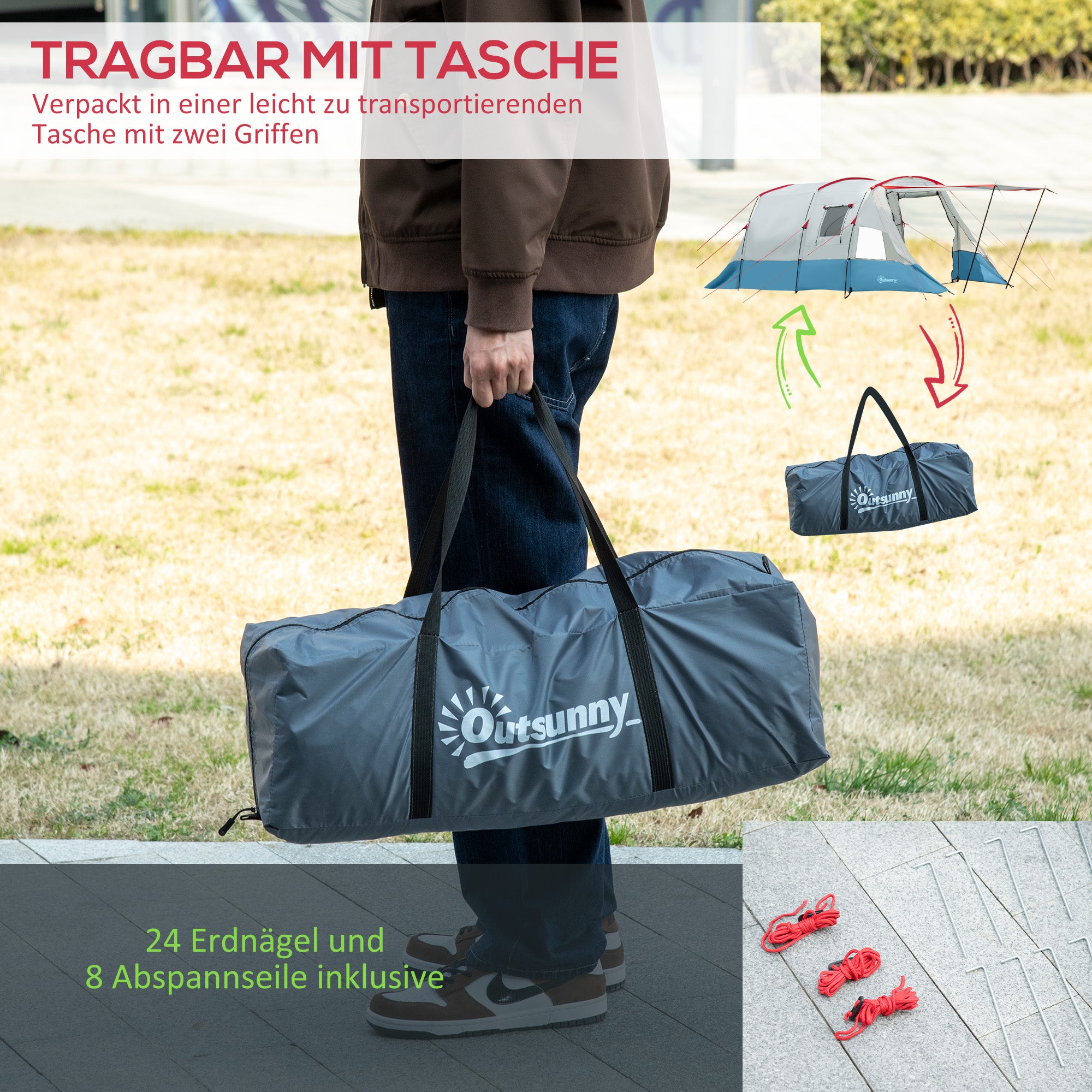 Outsunny Campingzelt, für 6-8 Personen, zwei Räume, Lampenhaken, mit Tragetasche, Blau, 5,10x2,40x1,80m