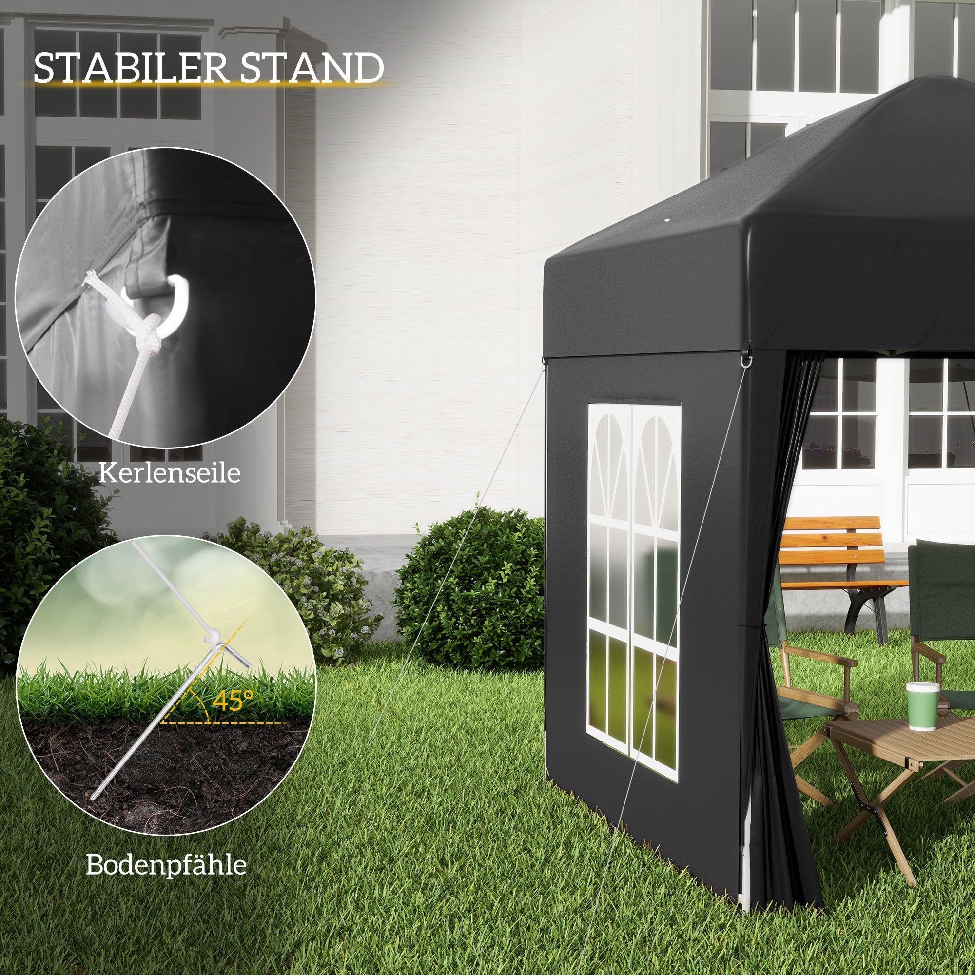 Outsunny Faltpavillon, Bierzelt, 4 abnehmbare Seitenwände, 2 Fenster, Metallrahmen, 2 x 2m, Schwarz
