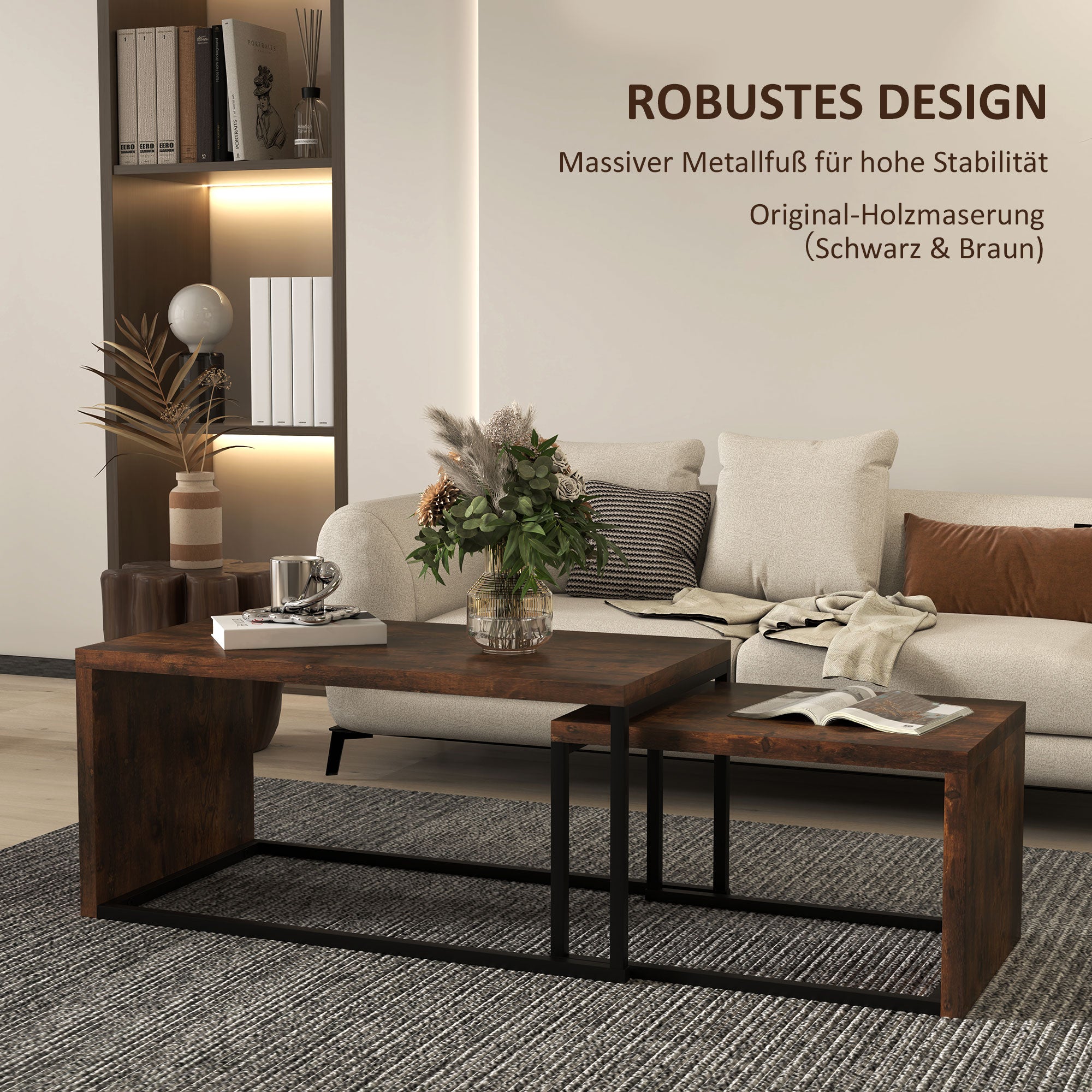 HOMCOM 2er-Set Couchtisch, Sofatisch, Beistelltisch, MDF, Metall, 90 x 48 x 42 cm/59 x 42 x 36 cm, Schwarz+Braun