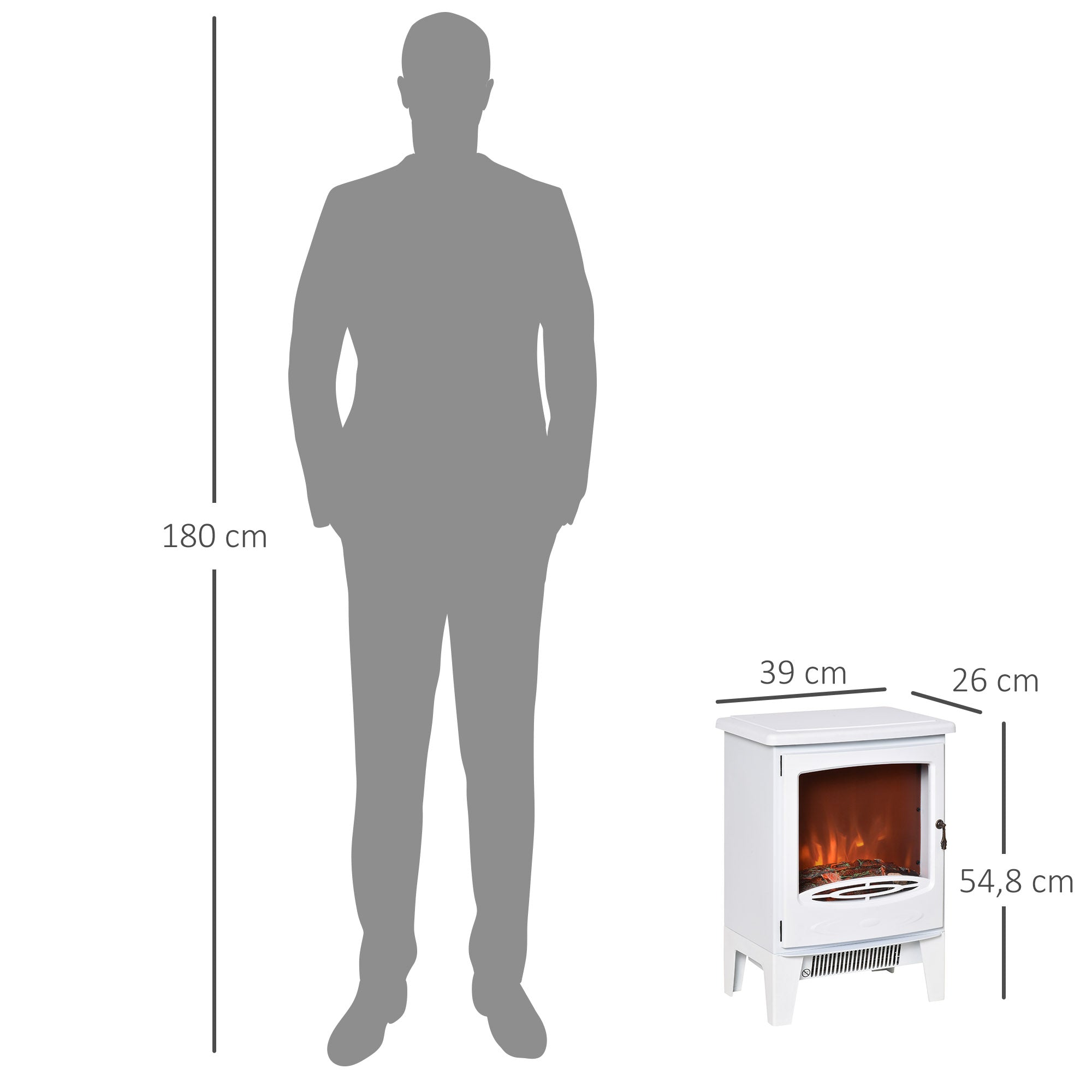 HOMCOM LED Elektrokamin Standkamin Kaminofen mit Flammeneffekt 900/1800W Metall ABS-Kunststoff Glas Weiß 39 x 26 x 54,8 cm