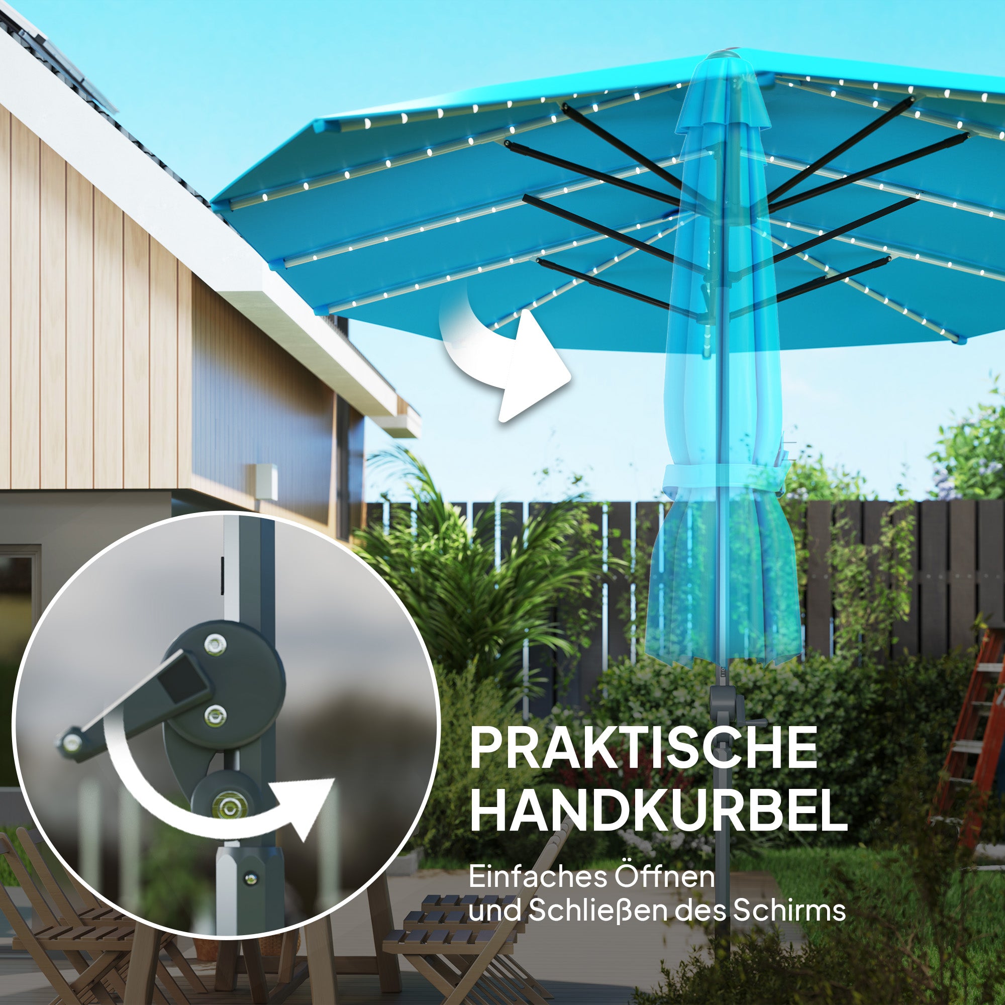 Outsunny Doppelschirm mit Solar-Lichtern, Aluminium, Polyester, UPF50+ Schutz, UV-beständig, Terrassenschirm, Blau