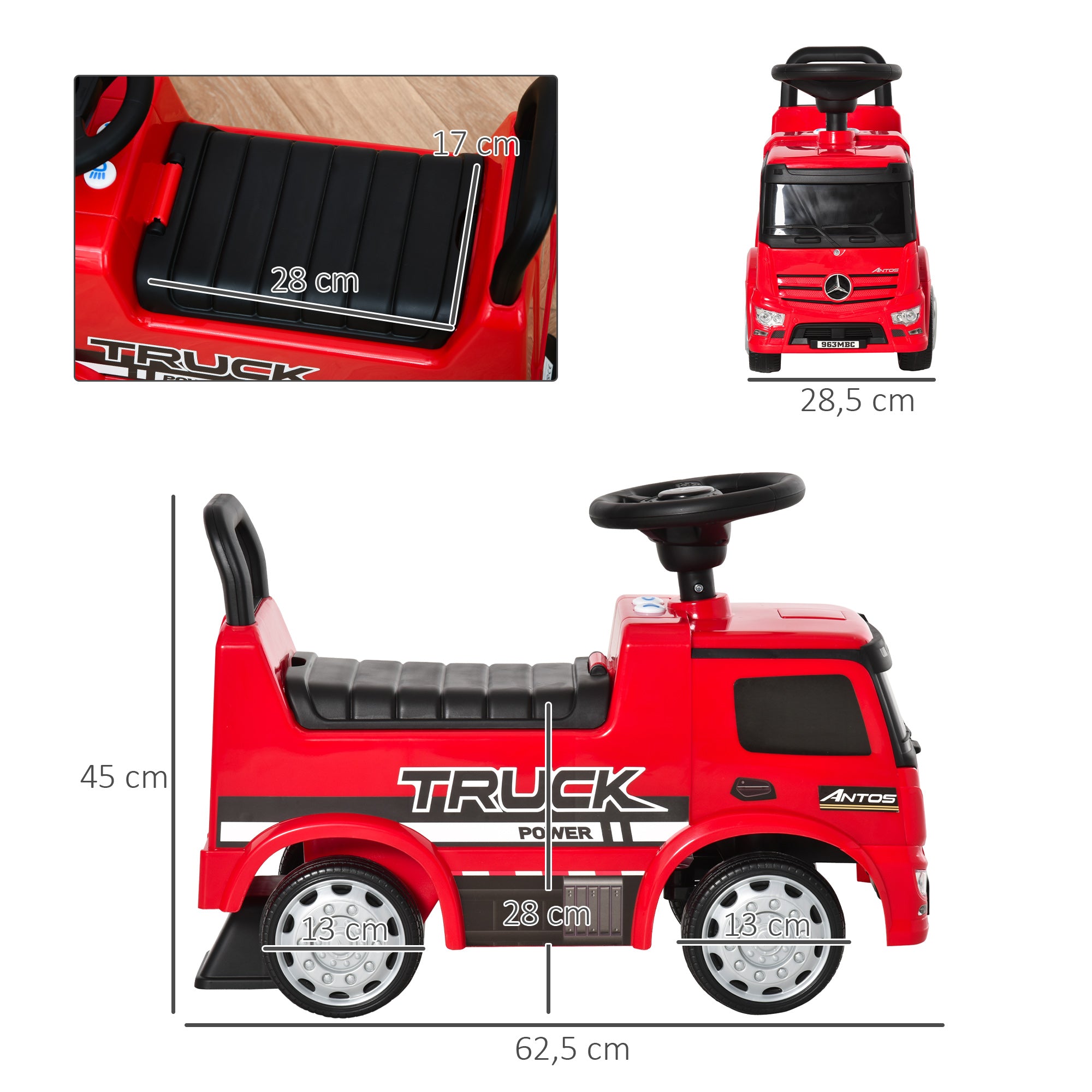 HOMCOM Rutscherfahrzeug Rutscherauto Babyrutscher Kinderfahrzeug lizenziert von Mercedes ANTOS-LKW-Stil mit Licht für Kinder von 12 bis 36 Monaten Metall PP-Kunststoff Rot+Schwarz 62,5x28,5x45cm