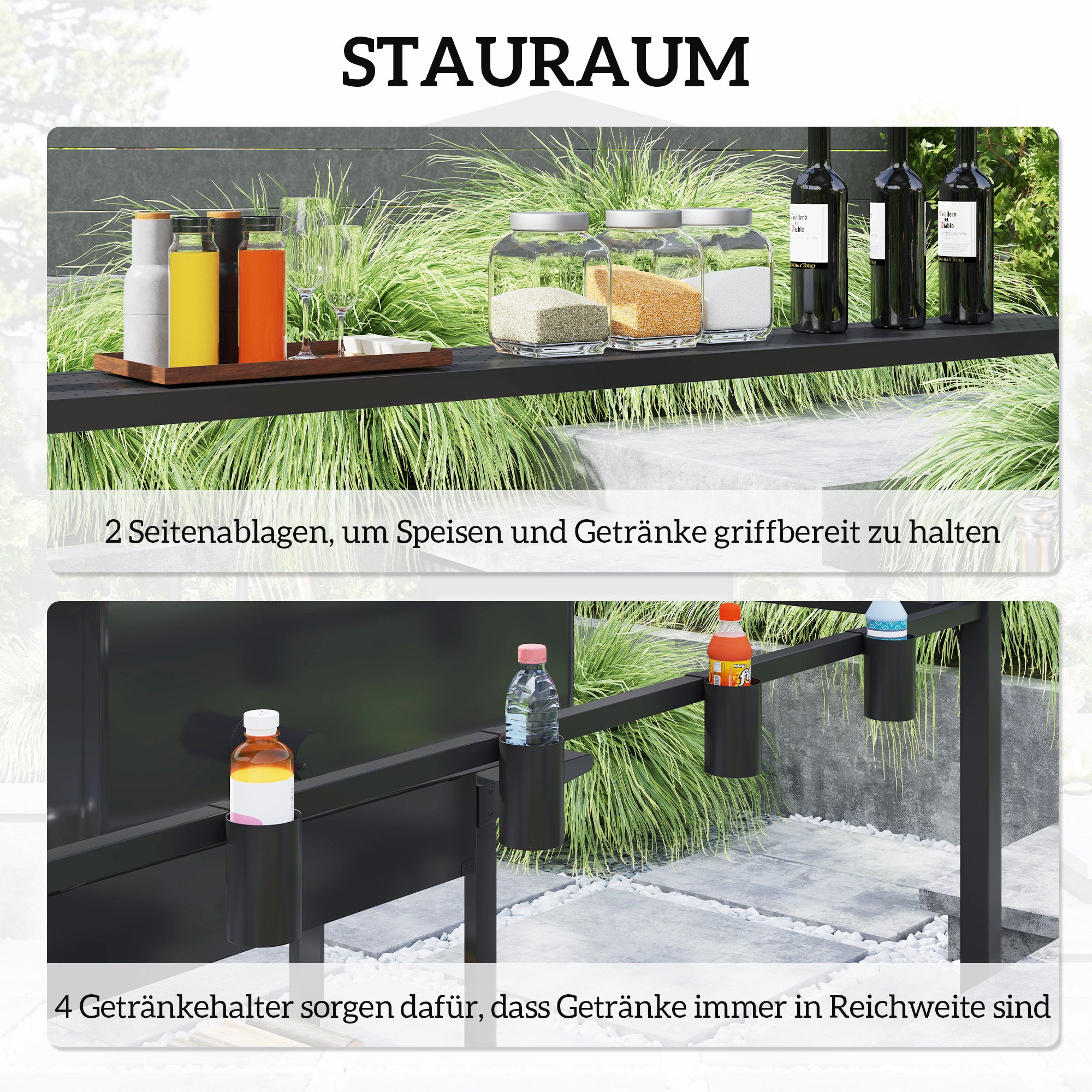 Outsunny Grillpavillon 250 x 160 x 250 cm wasserdicht Gartenpavillon mit Doppelschichtdach, Seitenregalen Schwarz