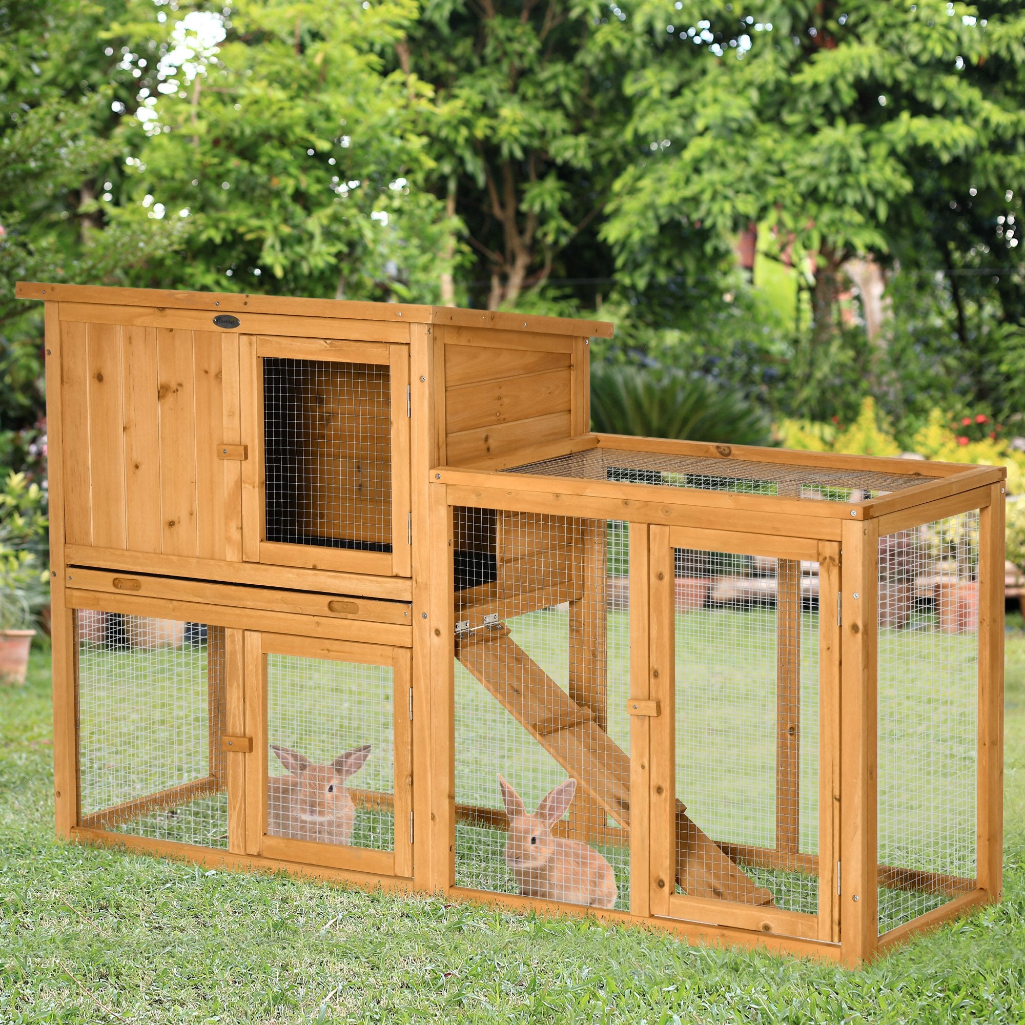 PawHut Kaninchenstall Kleintierstall Outdoor mit Rampe & ausziehbaren Fächern