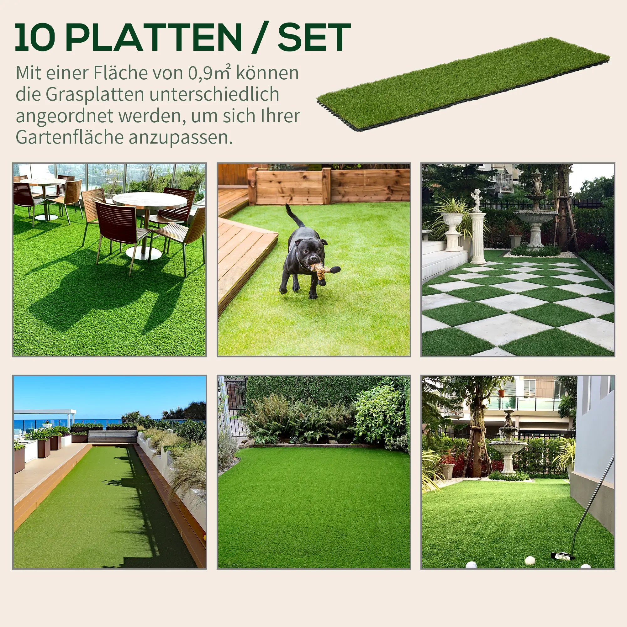 Outsunny Kunstrasen 10er Set naturgetreu UV-beständig Drainagefunktion