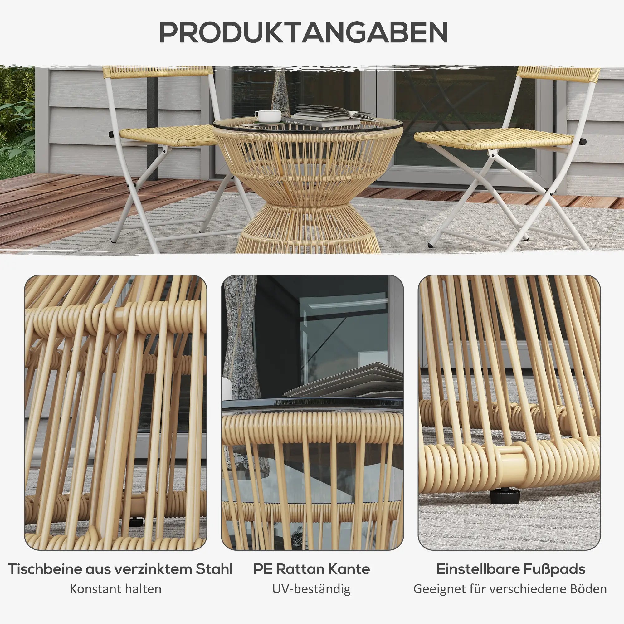 Outsunny Gartentisch Beistelltisch Boho-Stil Hartglas Rattan