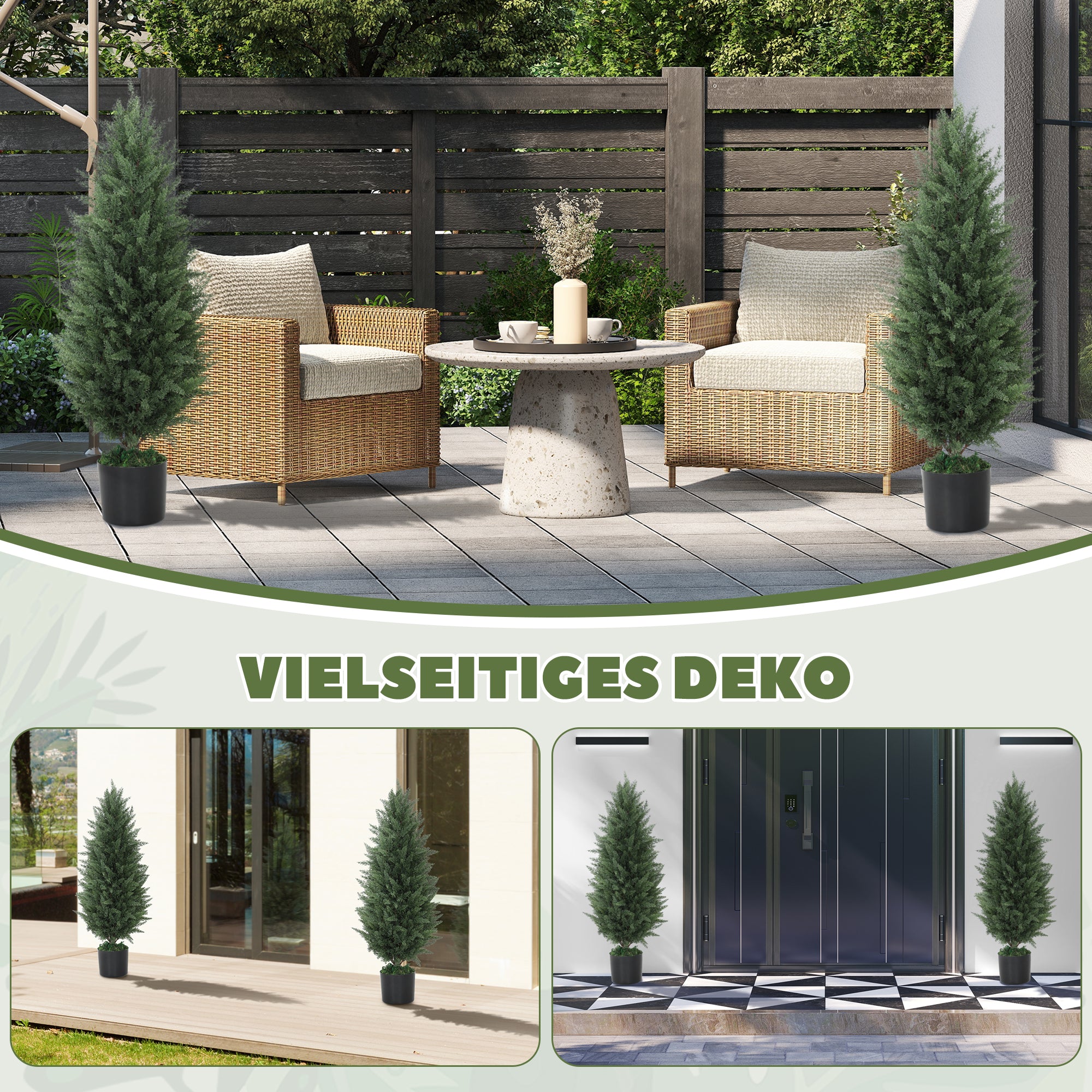 HOMCOM 2er-Set Künstliche Zypressen, Kunstbäume mit 831 Blättern, mit Zementtopf, UV-beständig, Kunstpflanze, 90 cm, Grün