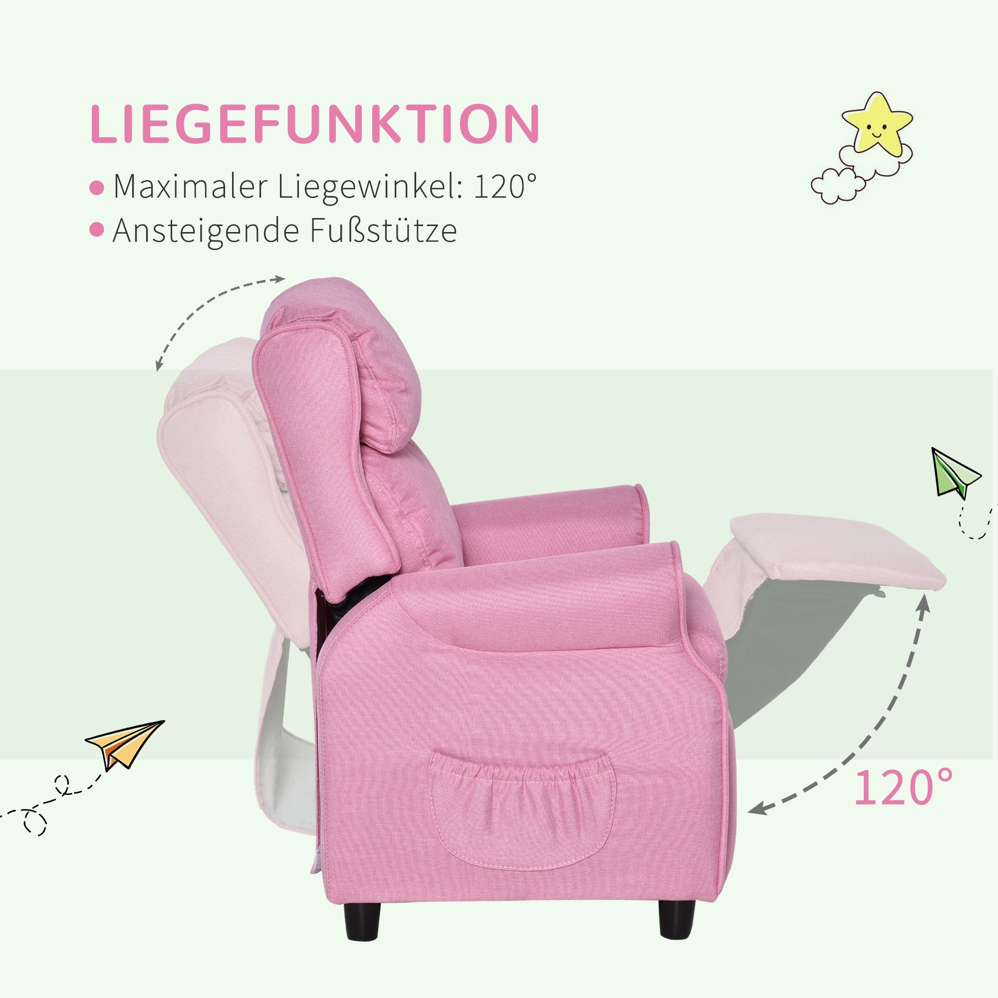 HOMCOM Kindersofa Kindercouch Kindersessel Stuhl Liegesofa verstellbar mit Fußstütze für 3-5 Jahre Jungen und Mädchen Rosa 58 x 53 x 70 cm