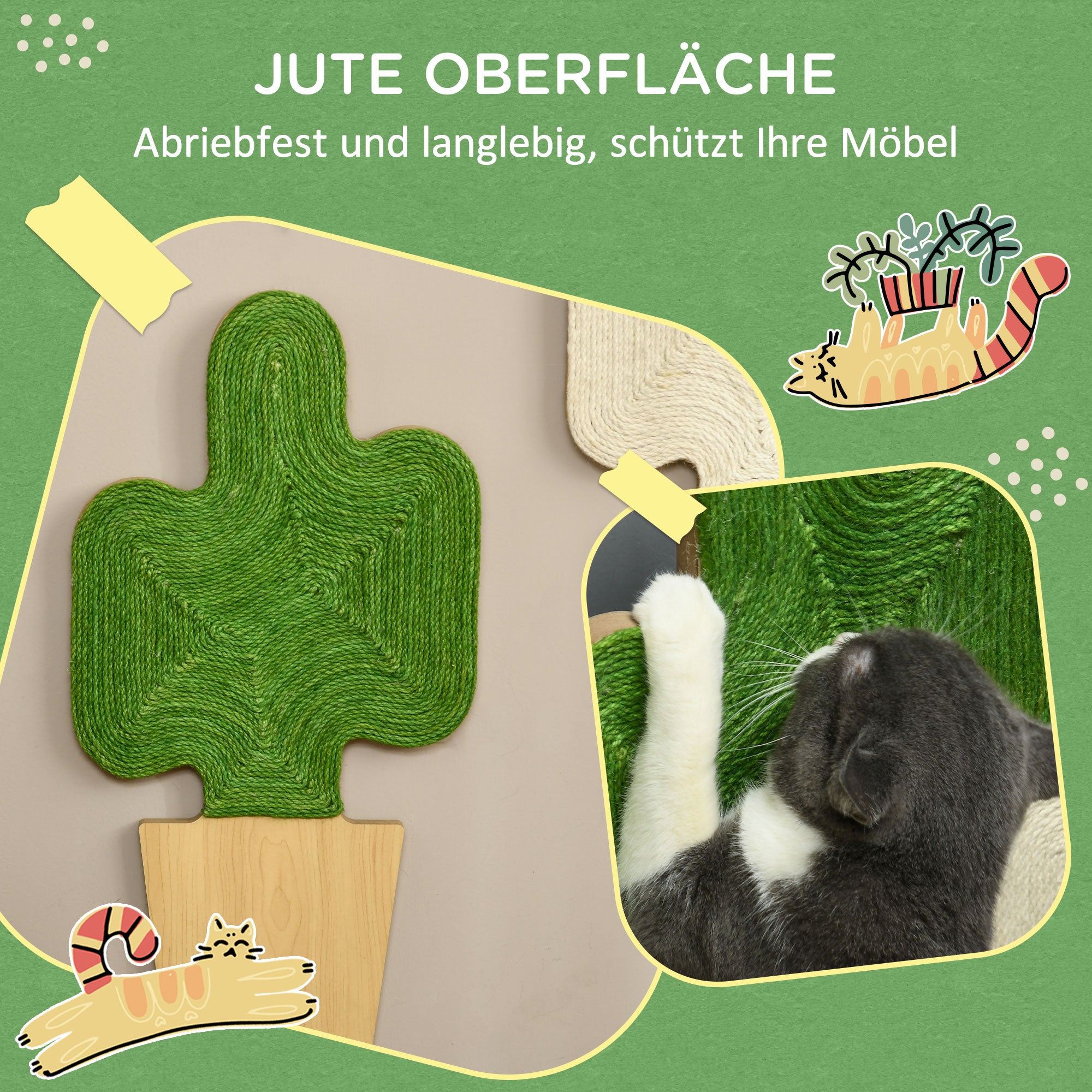 PawHut 2er-Set Kratzbäume Kratzstämme, Kakteen-Design zur Befestigung an der Wand, 30 cm x 60 cm, Eiche+Weiß+Grün