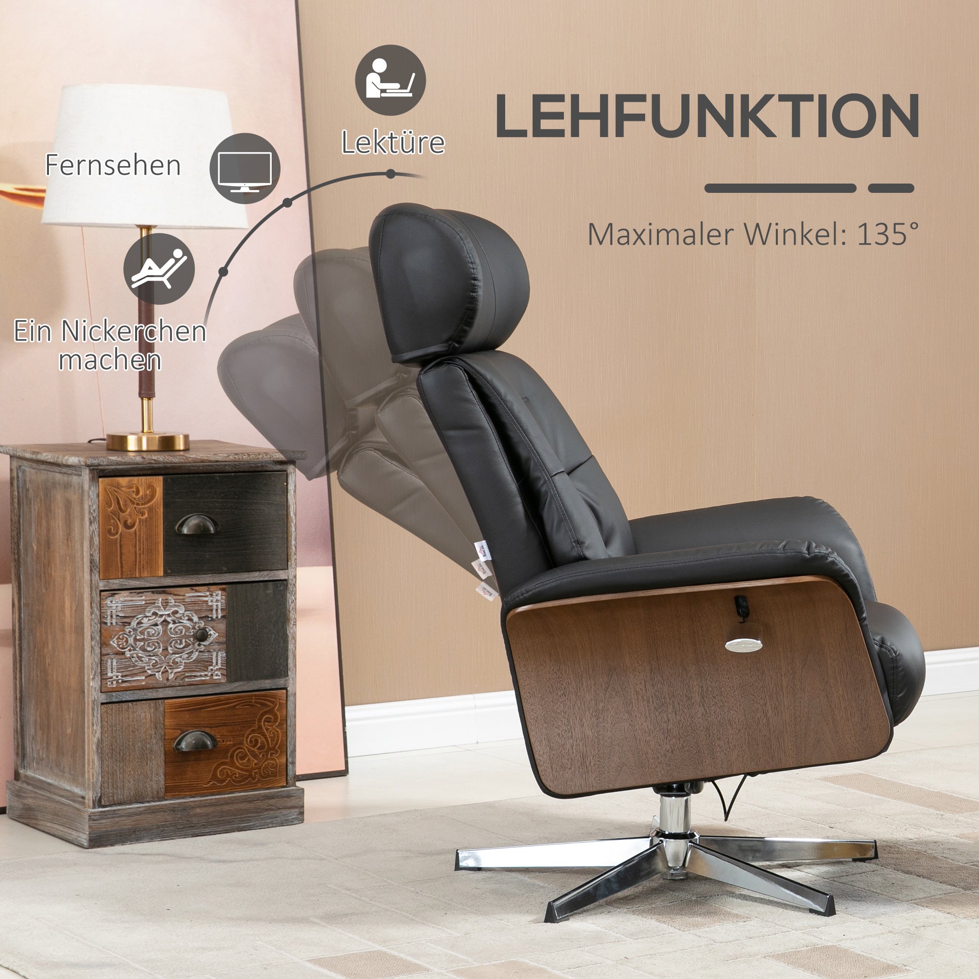 HOMCOM Relaxsessel mit Fußhocker, um 360° drehbar, Liegefunktion, Lesesessel, schwarz, 80 x 84 x 108 cm