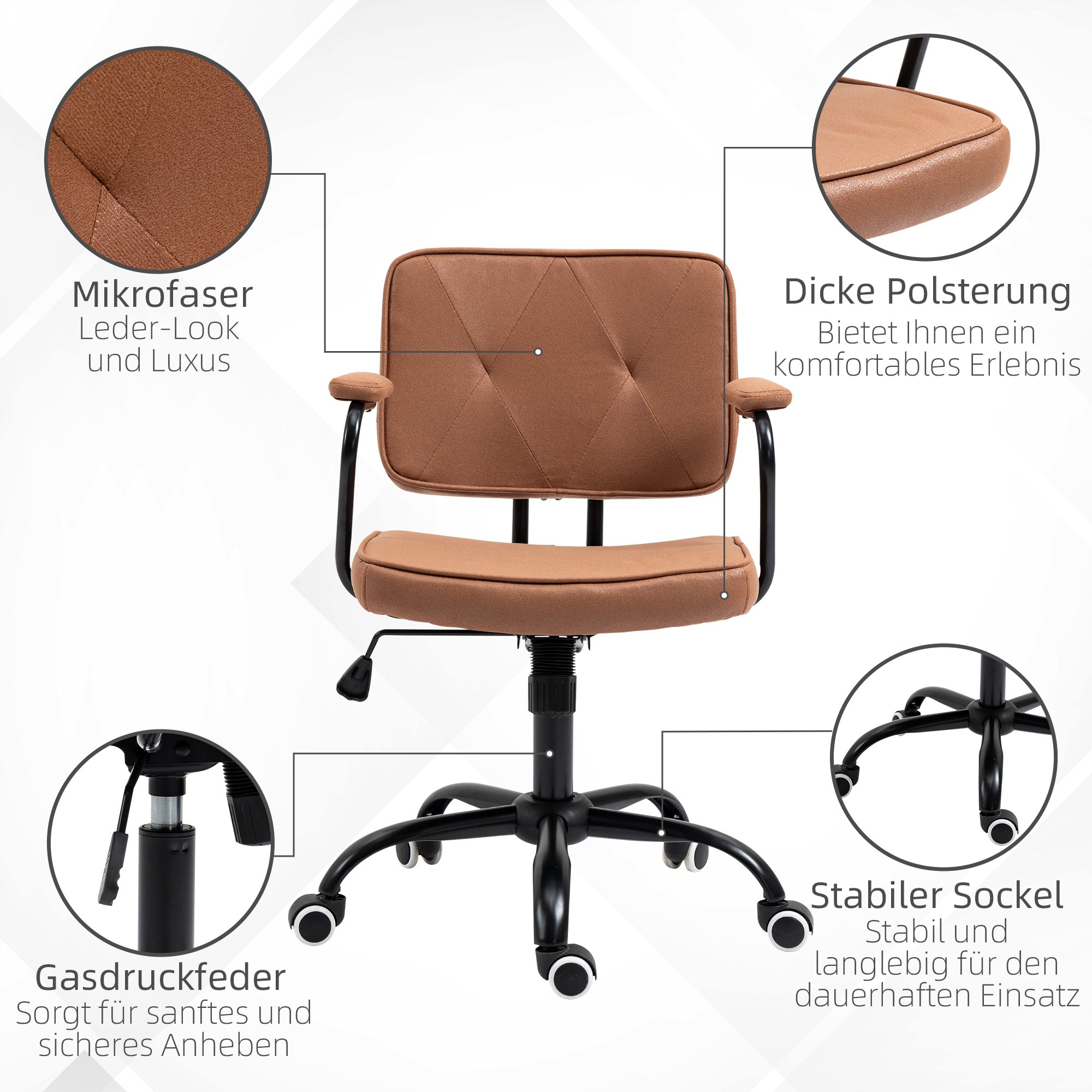 Vinsetto Bürostuhl mit Rollen Drehstuhl Schreibtischstuhl für Büro höhenverstellbar mit Wippfunktion 360°-Drehung neigbar Schaumstoff Braun 61 x 58 x 82-91 cm