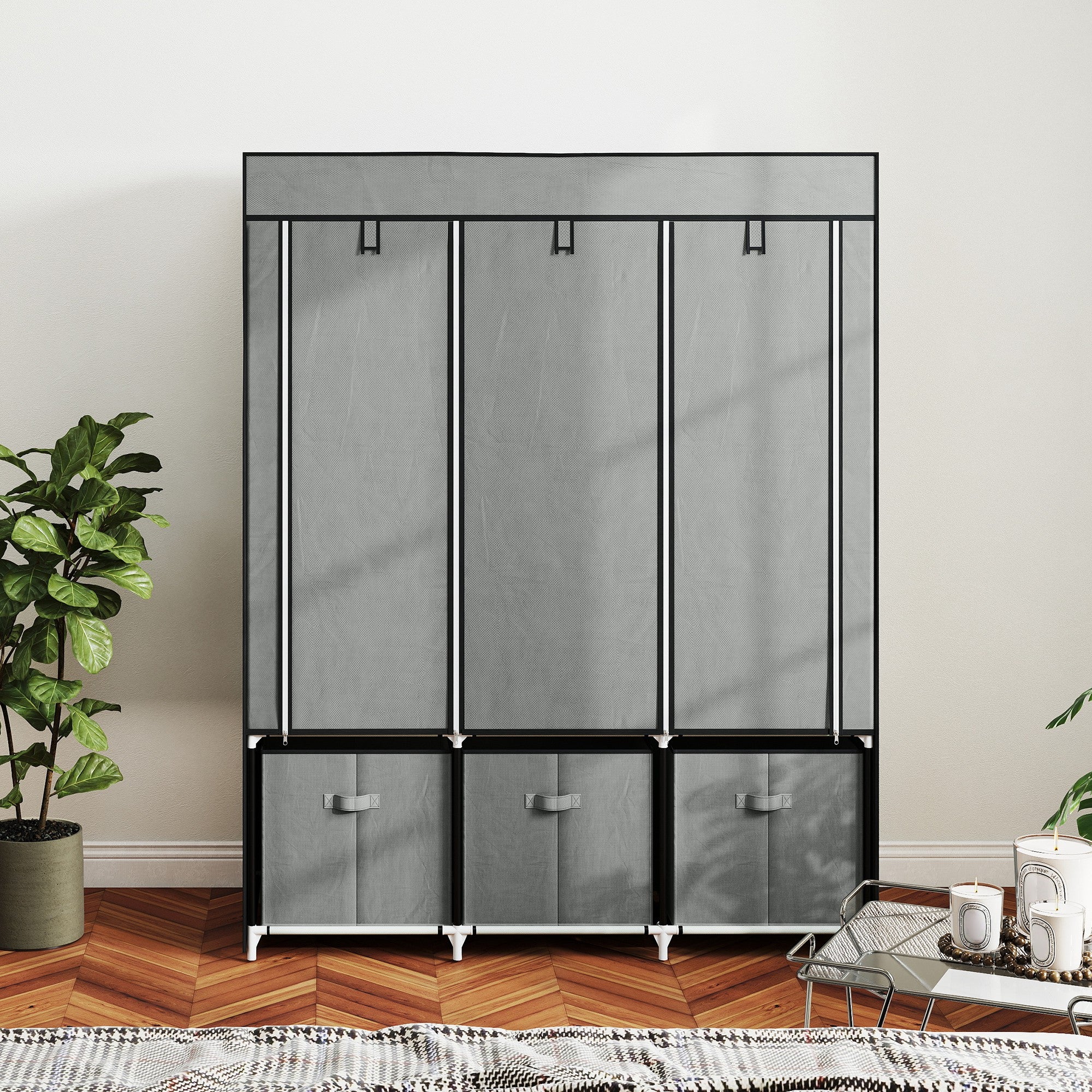 HOMCOM Stoffschrank aus Vlies, Faltschrank, inkl. 3 Schubladen, 125 cm x 43 cm x 162,5 cm, Hellgrau