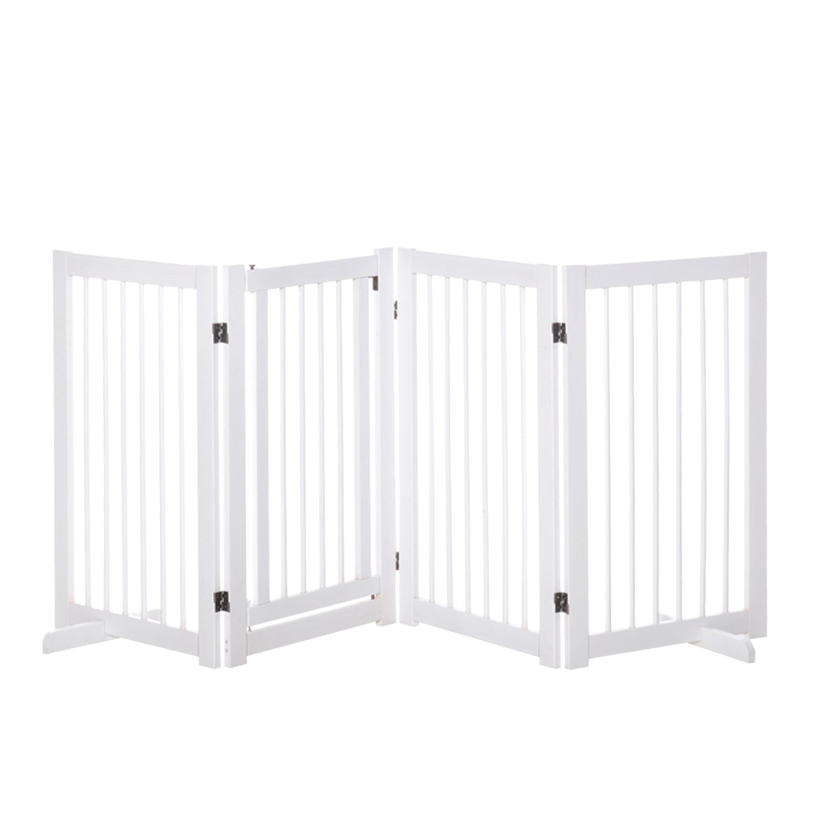 PawHut Absperrgitter Hund 4-teilig, 220 x 91 cm Faltbar Türschutzgitter mit Tür, Freistehend Hundegitter mit 2 Stützfüßen, Treppengitter aus Holz für Flur, Küche, Treppe, Weiß